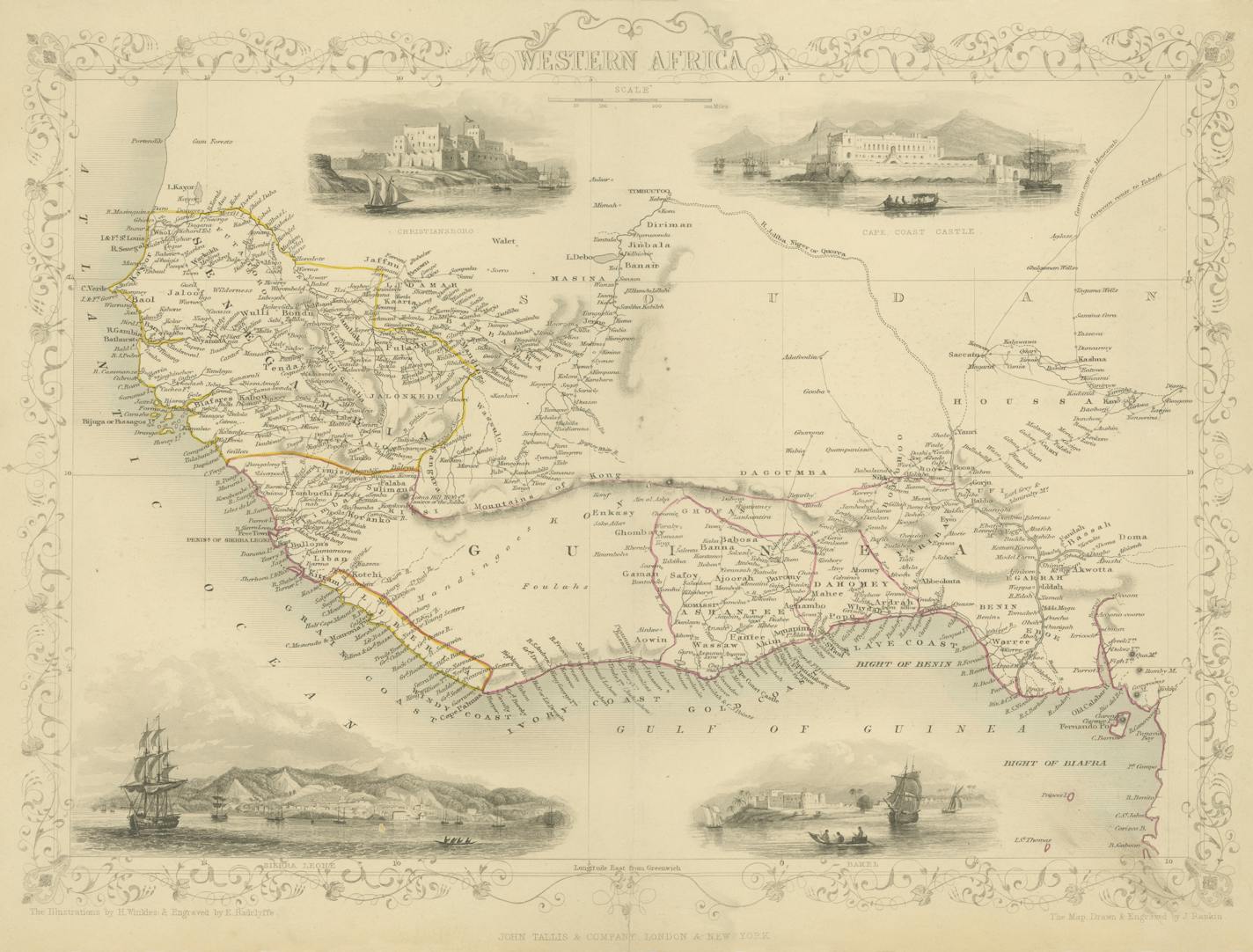 Antique 1851 engraved map by J Rapkin, published by John Tallis. Original outline hand colour, decorative border, and attractive inset vignette views of Western Africa