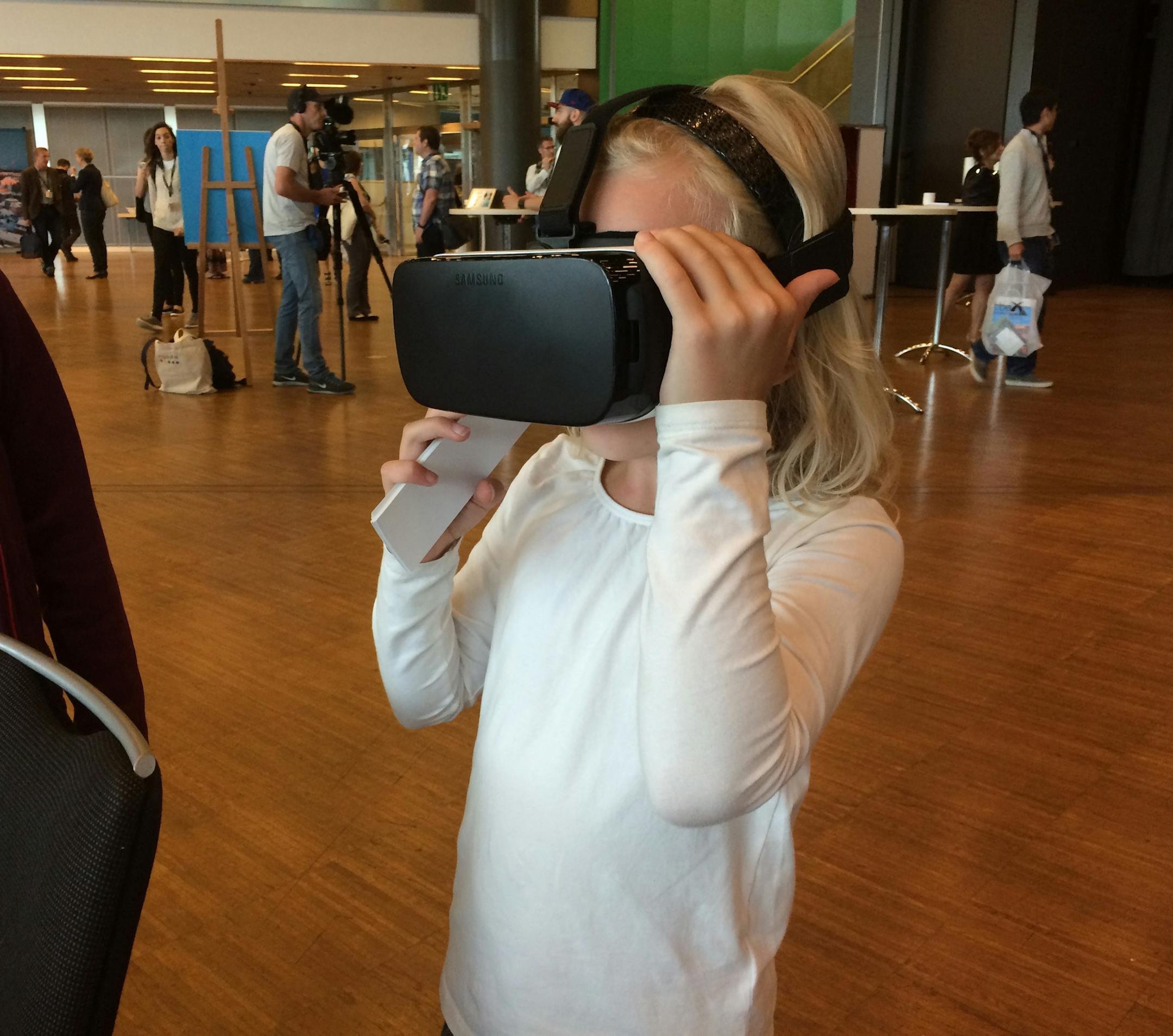 Attendees of a recent tourism show in Stockholm, Sweden check out the Mall of America&#xed;s megamall&#xed;s virtual reality experience that gives them a glimpse of what it&#xed;s like to be inside the giant megamall.