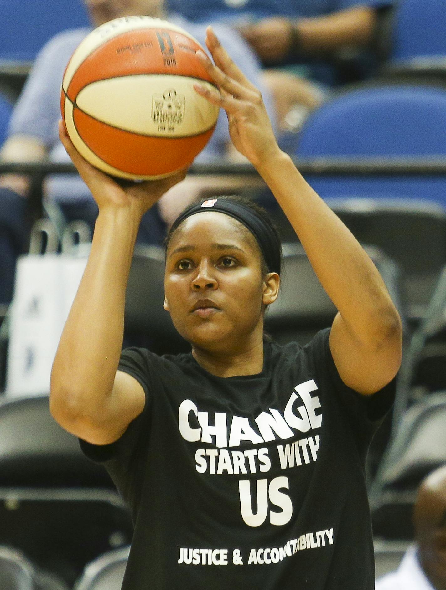 Minnesota Lynx forward Maya Moore (23) warms up before facing the Dallas Wings. Members of the team wore shirts in solidarity for Philando Castile who was killed by a police officer on July 6 in Falcon Heights, Minn. ] Timothy Nwachukwu &#x2022; timothy.nwachukwu@startribune.com The Minnesota Lynx play the Dallas Wings at the Target Center on Saturday, July 9, 2016.