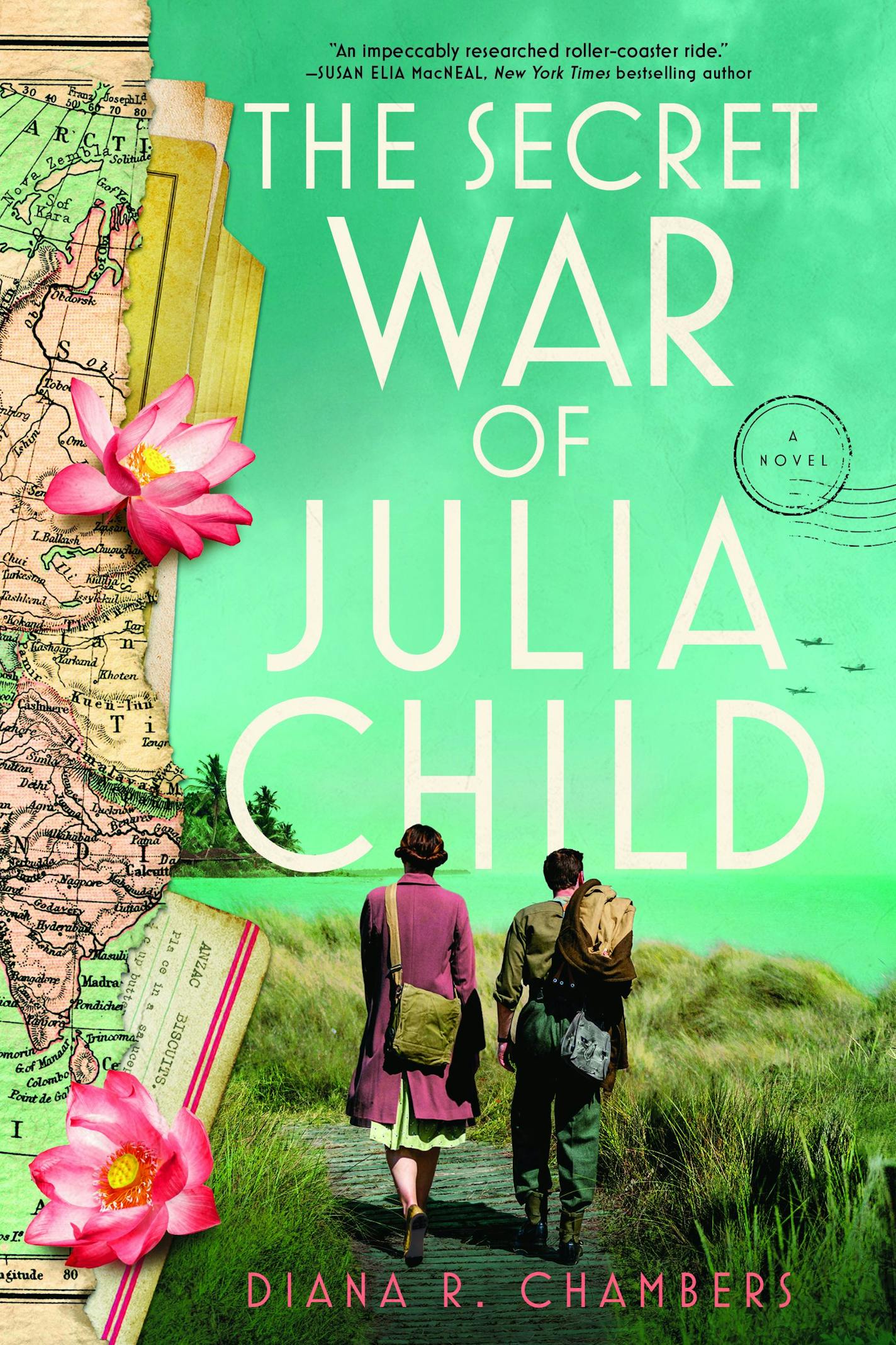 cover of The Secret War of Julia Child features a vintage photo of a man and a woman walking on a hill and a collage of maps