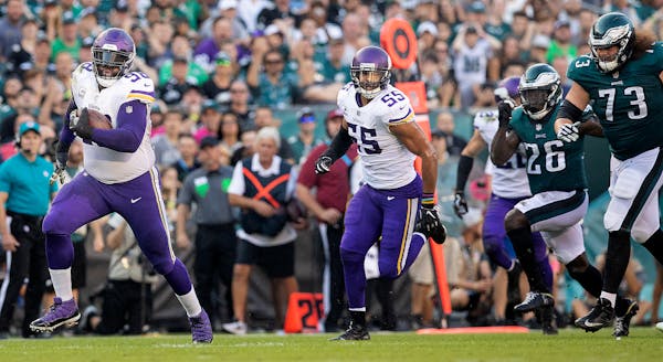 Nose tackle Linval Joseph grabbed a fumble out of midair and rumbled 64 yards for a touchdown in the Vikings' victory over the Eagles last season in P