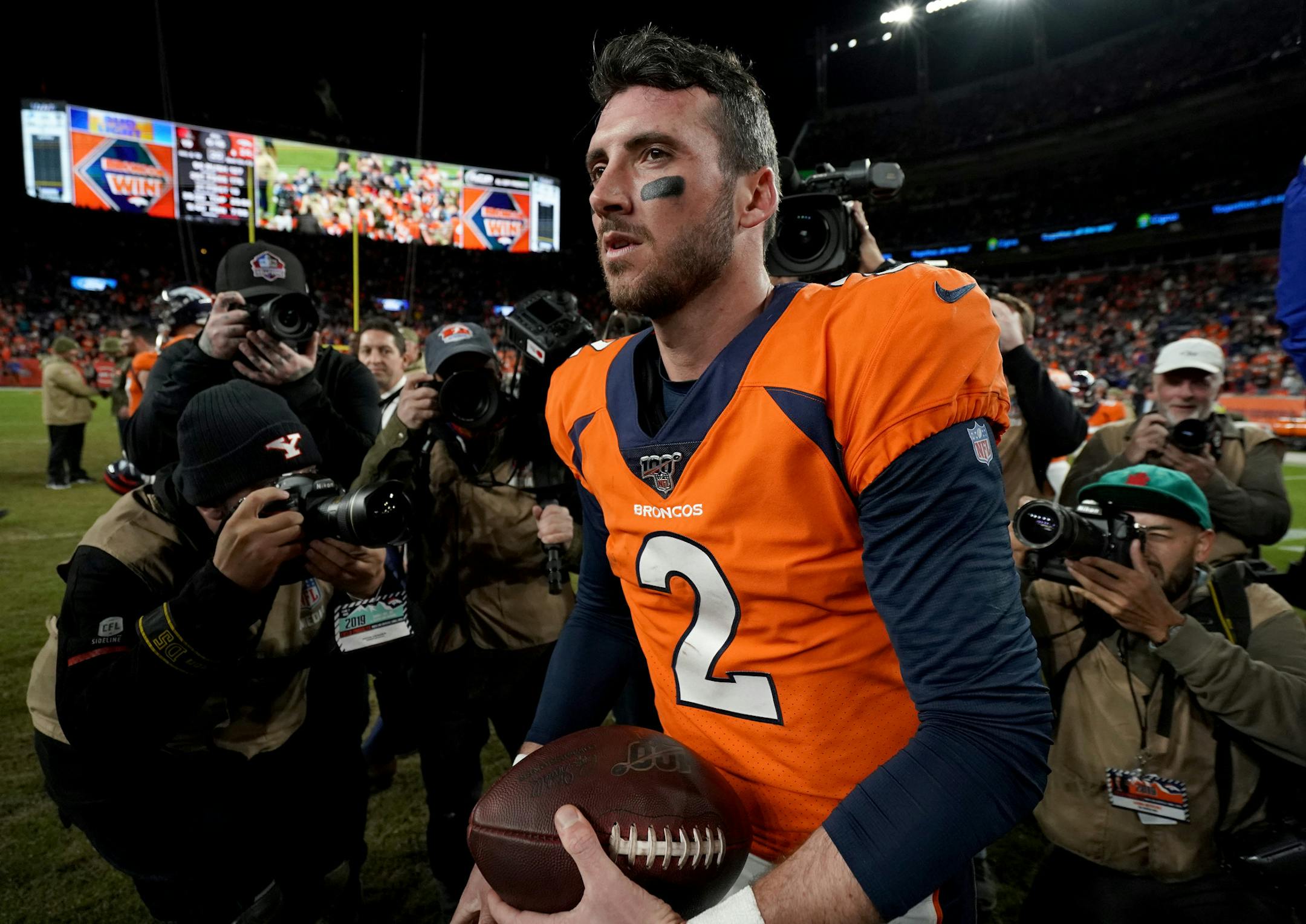 Denver Broncos quarterback Brandon Allen (2) leaves the field after an NFL football game against the Cleveland Browns, Sunday, Nov. 3, 2019, in Denver. The Broncos won 24-19. (AP Photo/Jack Dempsey)