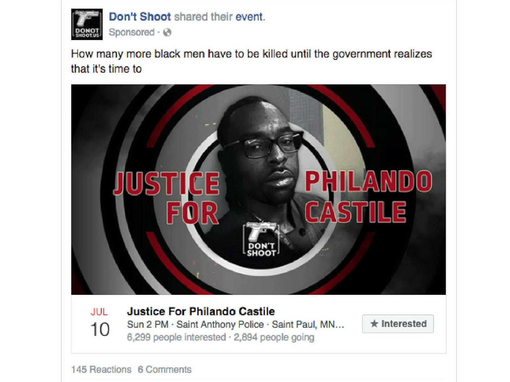 This post decrying the fatal police shooting of Philando Castile was among the sponsored ads on Facebook. It was targeted to people within 50 miles of Minnesota.