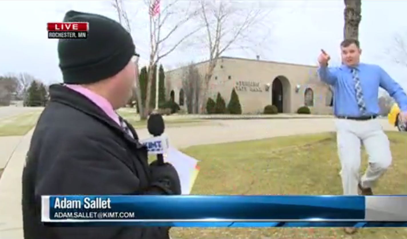 A man accused of robbing the same Rochester bank on successive days was caught in the southern Twin Cities on Tuesday soon after a news reporter on live television -- directed by a bank employee, as shown -- spotted the perpetrator and excused himself to call police, authorities said.