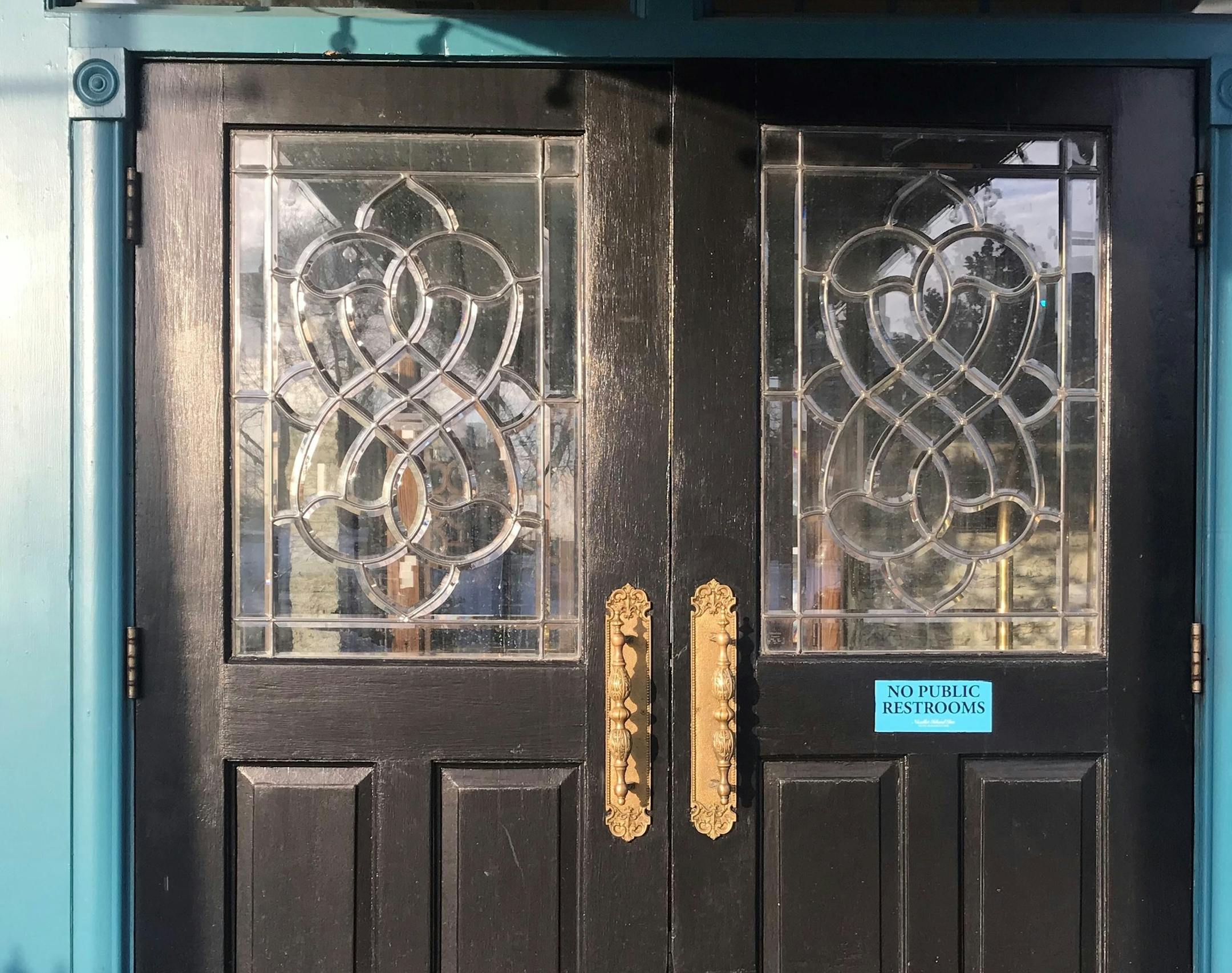 The front door of the Nicollet Island Inn says "no public restrooms" yet people still sneak past the reception desk to use the facilities.