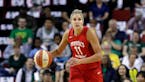 Washington Mystics' Elena Delle Donne heads up court against the Seattle Storm in the first half of Game 1 of the WNBA basketball finals Friday, Sept.