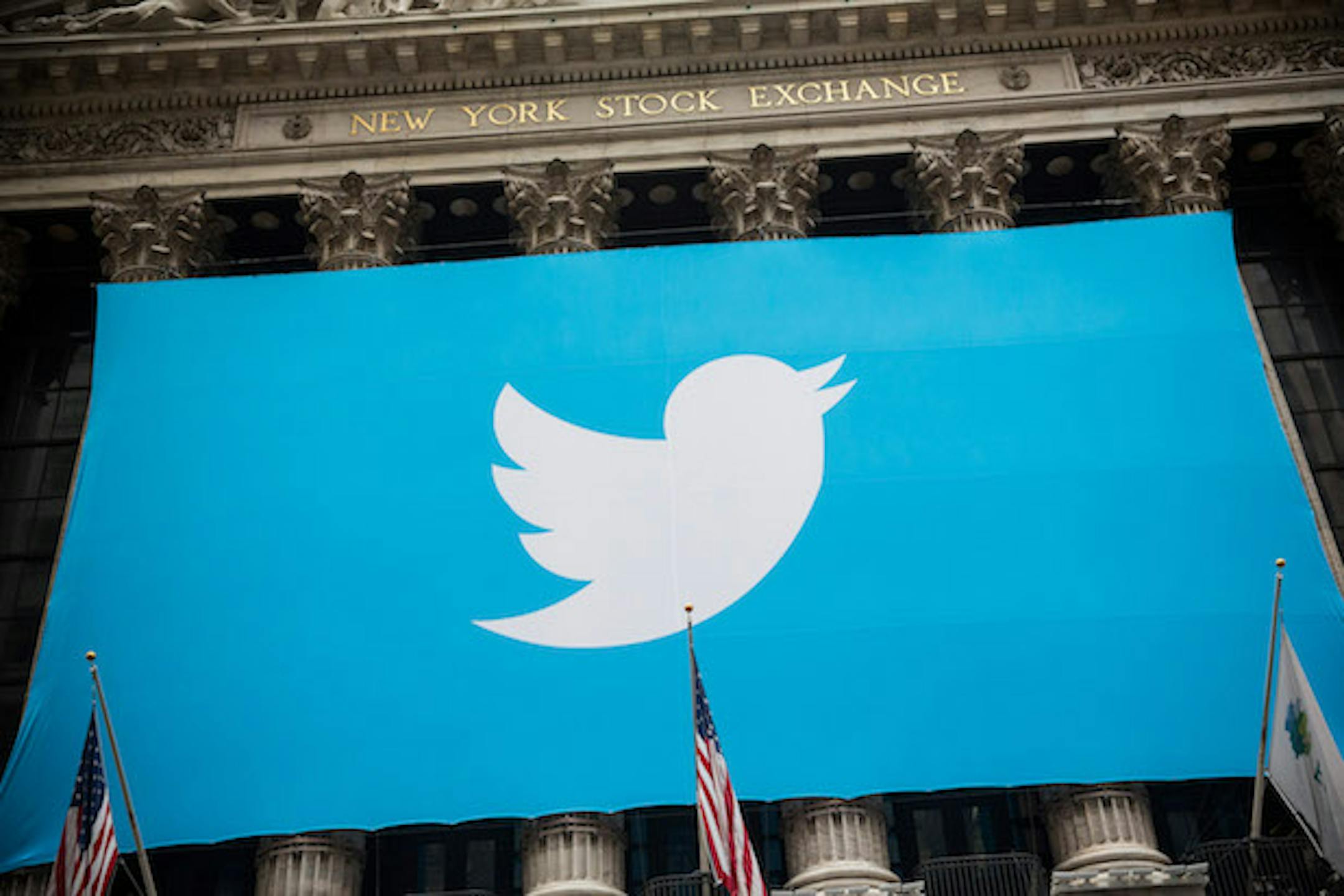 The Twitter logo is seen at the New York Stock Exchange in 2013.
