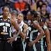 New York Liberty's Tina Charles (31) looks toward the Connecticut Sun bench during the first half of a WNBA basketball game in Uncasville, Conn., Sund