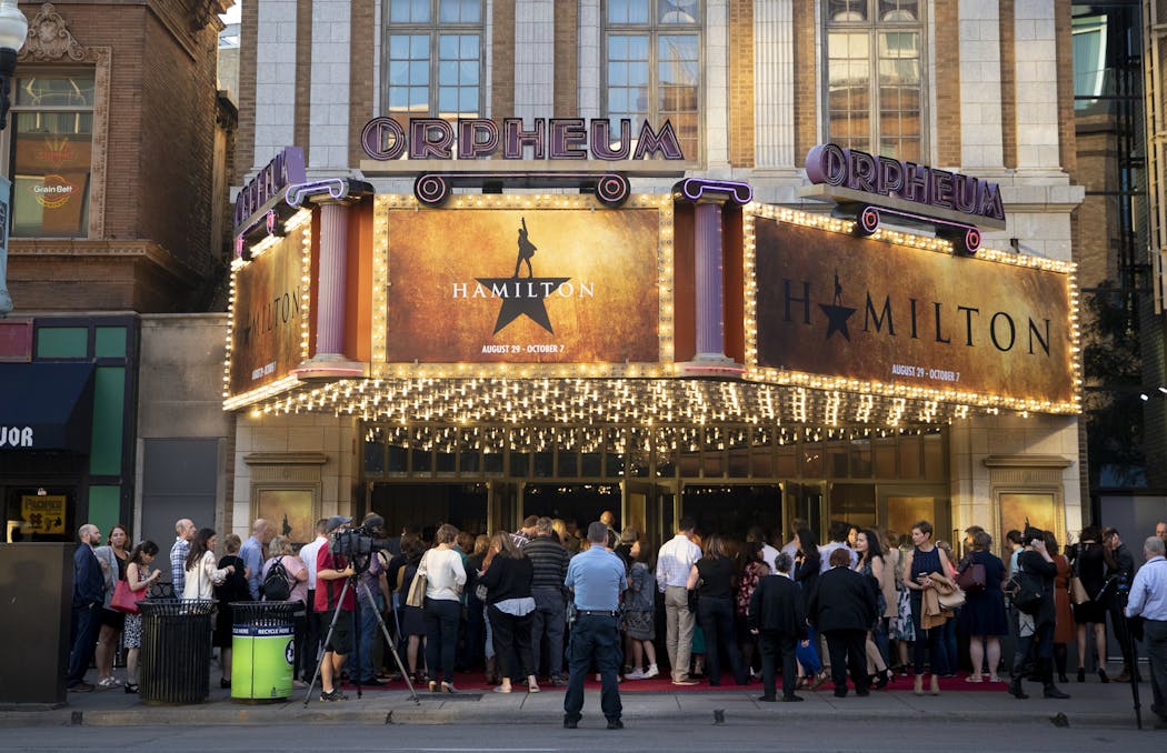 A large crowd lined up to get in to opening night of Hamilton at the Orpheum Theatre in 2018.