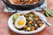 Chorizo, butternut squash and poblano hash makes for a quick and spicy weeknight meal. Meredith Deeds, Special to the Star Tribune