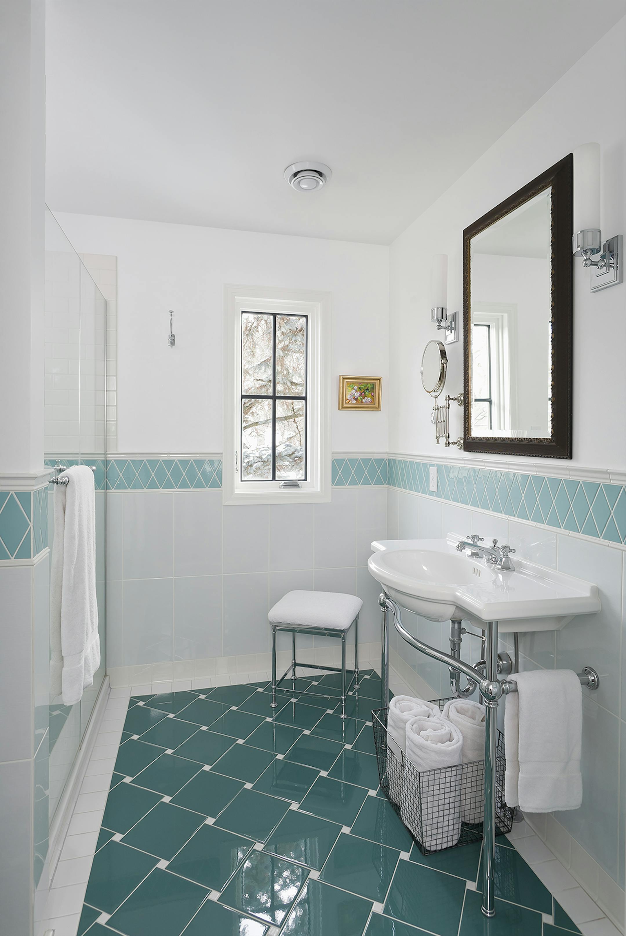 AFTER bathroom with shiny blue/green floor tile CREDIT Andrea Rugg