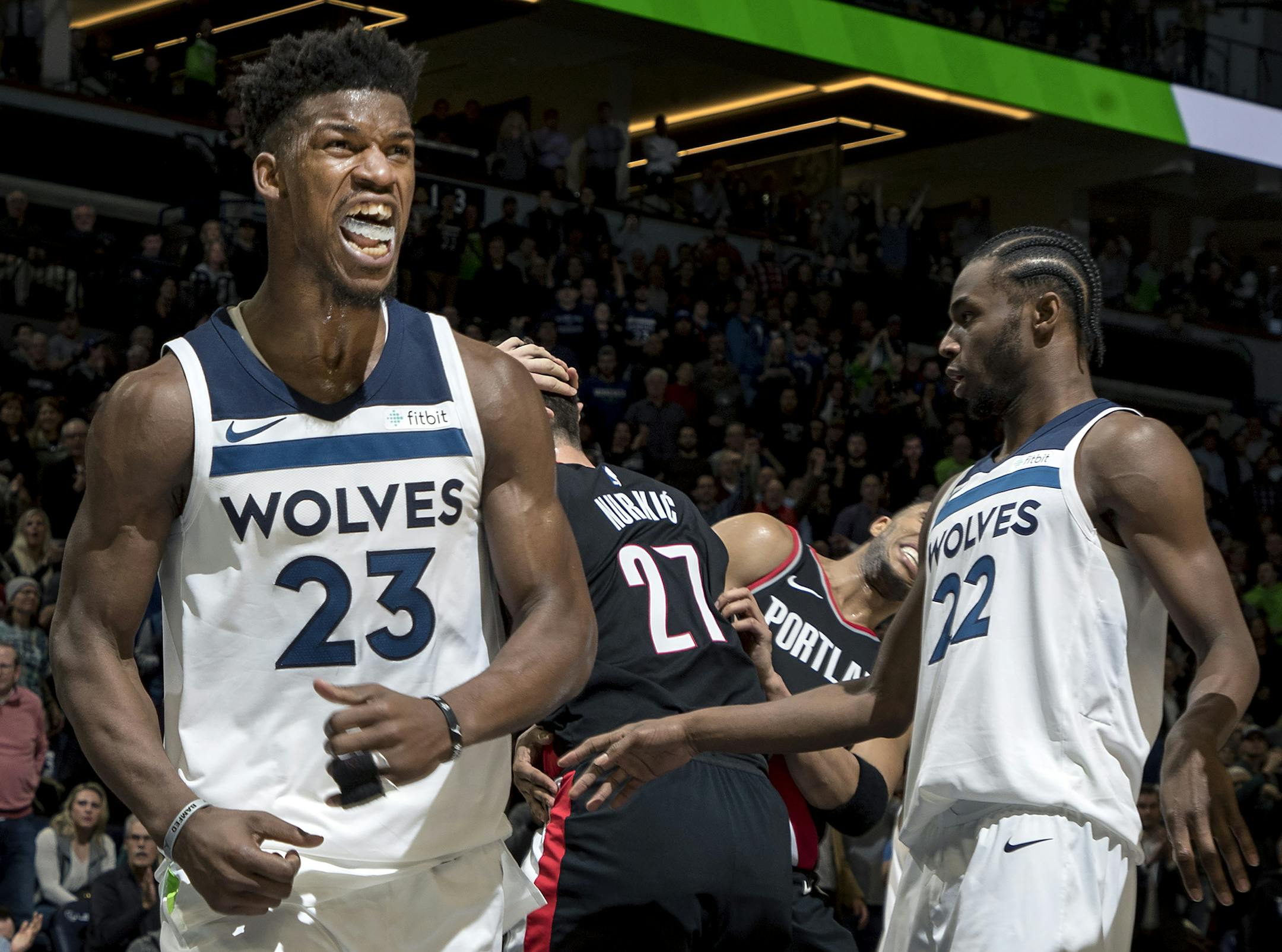 Jimmy Butler reacted after being fouled in the fourth quarter. ] CARLOS GONZALEZ ï cgonzalez@startribune.com - ATTN _ THIS WAS NOT THE LAST FOUL OF THE GAME - December 18, 2017, Minneapolis, MN, Target Center, NBA, Basketball, Minnesota Timberwolves vs. Portland Trail Blazers