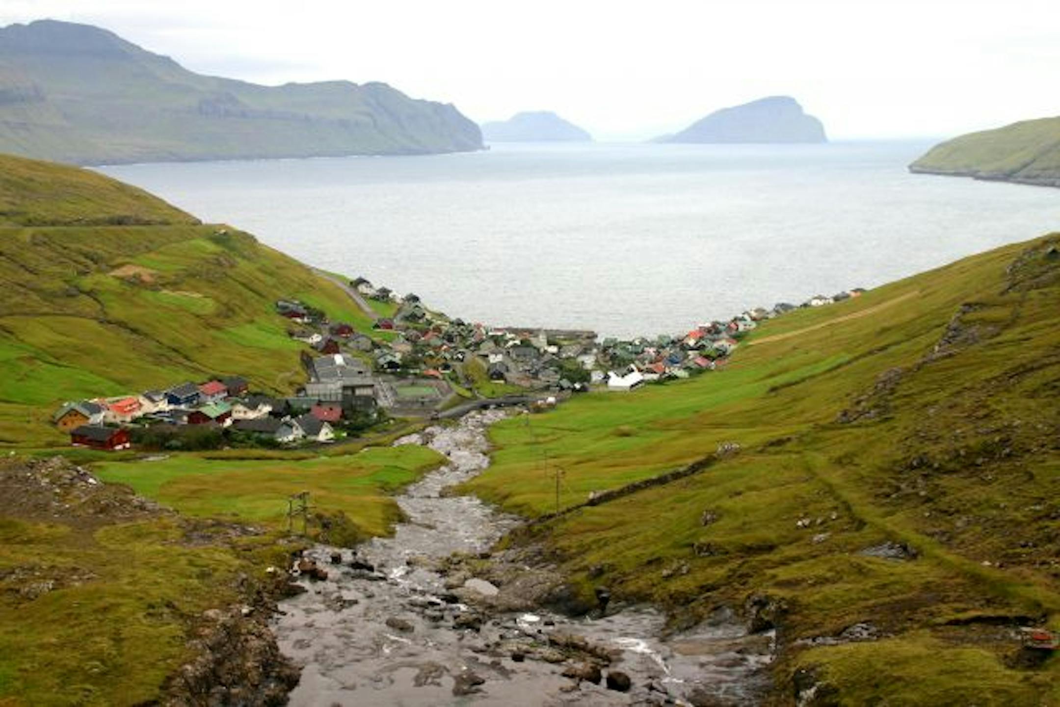 Kvivik, a classic Viking town, from above on the Faroe Islands.