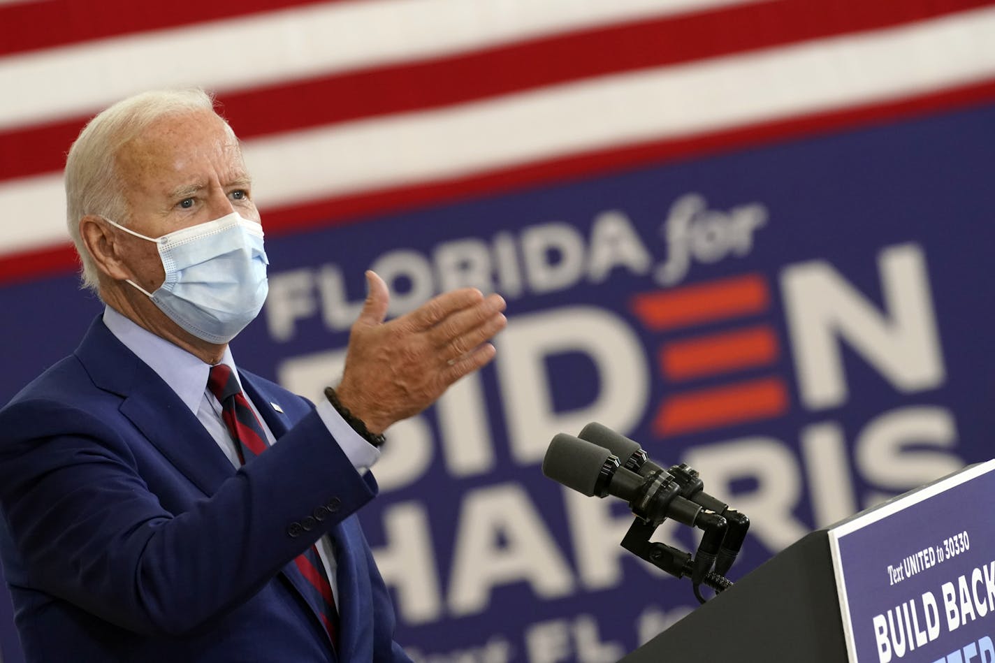 Democratic presidential candidate former Vice President Joe Biden speaks at Jose Marti Gym, Monday, Oct. 5, 2020, in Miami. (AP Photo/Andrew Harnik)