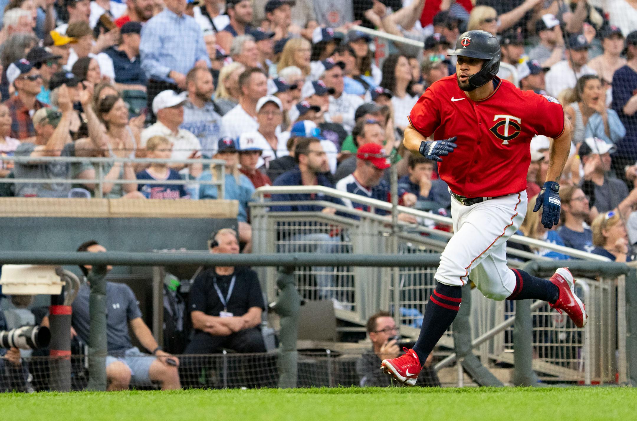 Minnesota Twins designated hitter Gary Sanchez (24) rounds third base on his way to scoring in the first inning.