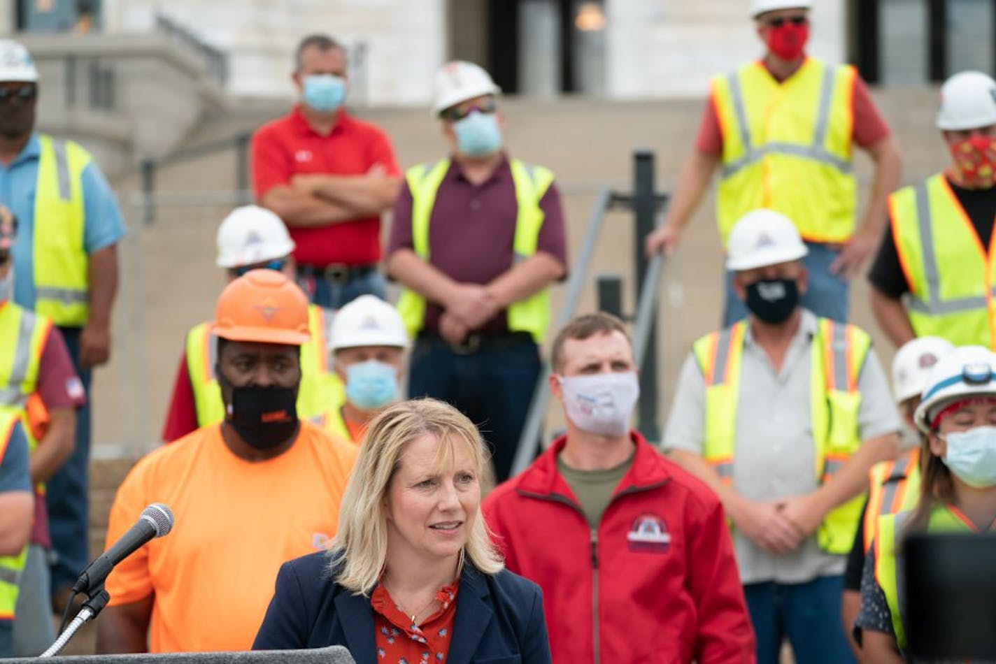 Jessica Looman, executive director, of the Minnesota Building and Construction Trades Council. Thje group held a press conference on Tuesday, July 21 at 1:00 pm at the State Capitol's Upper Mall adressing the Legislature's failure to pass a bonding bill in the second special session. Speakers discussed the economic impacts of the Legislature's inaction.