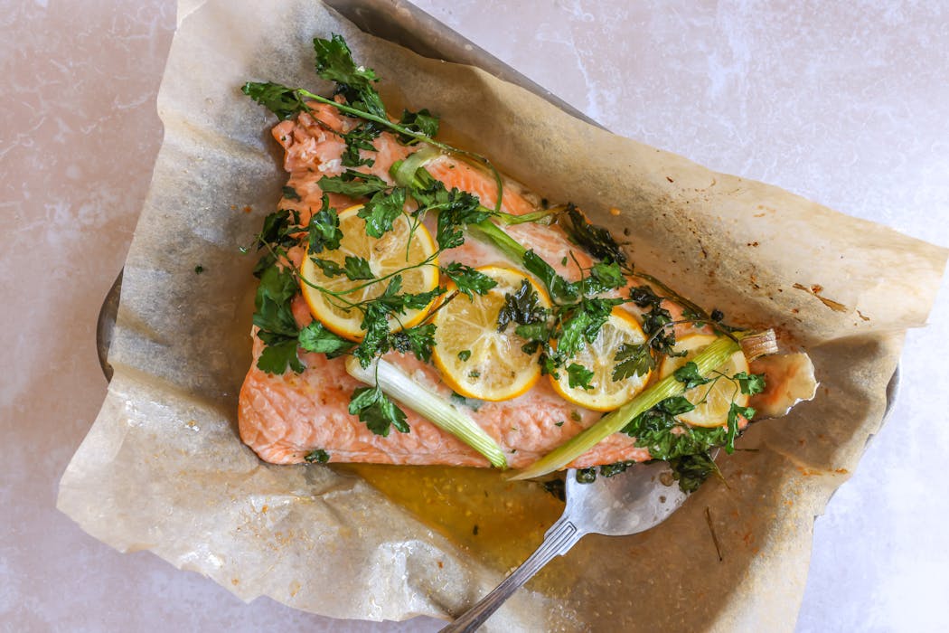 At the center of a traditional Irish St. Patrick's Day meal: Brown Butter Oven-Roasted Salmon. Recipes by Beth Dooley, photo by Ashley Moyna Schwickert, Special to the Star Tribune.