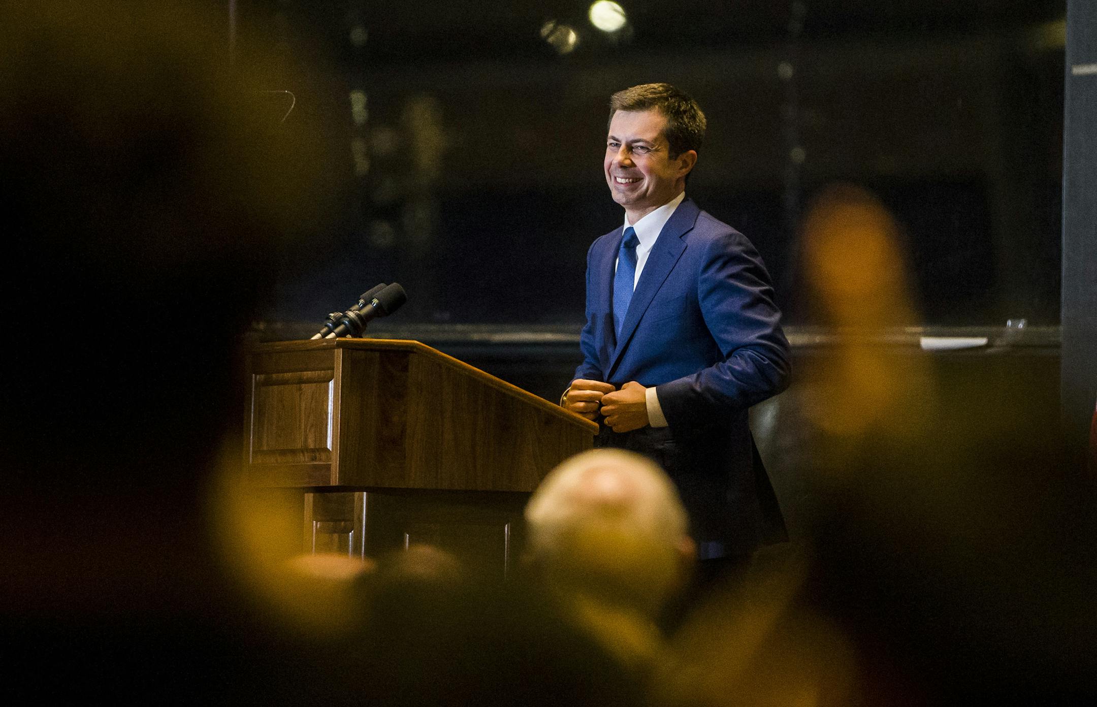 Democratic presidential candidate and former South Bend Mayor Pete Buttigieg reacts to audience members during his speech to supporters in South Bend, Ind., Sunday, March 1, 2020. Buttigieg, who rose from being the Indiana mayor to a barrier-breaking, top-tier candidate for the Democratic presidential nomination, ended his campaign on Sunday.
