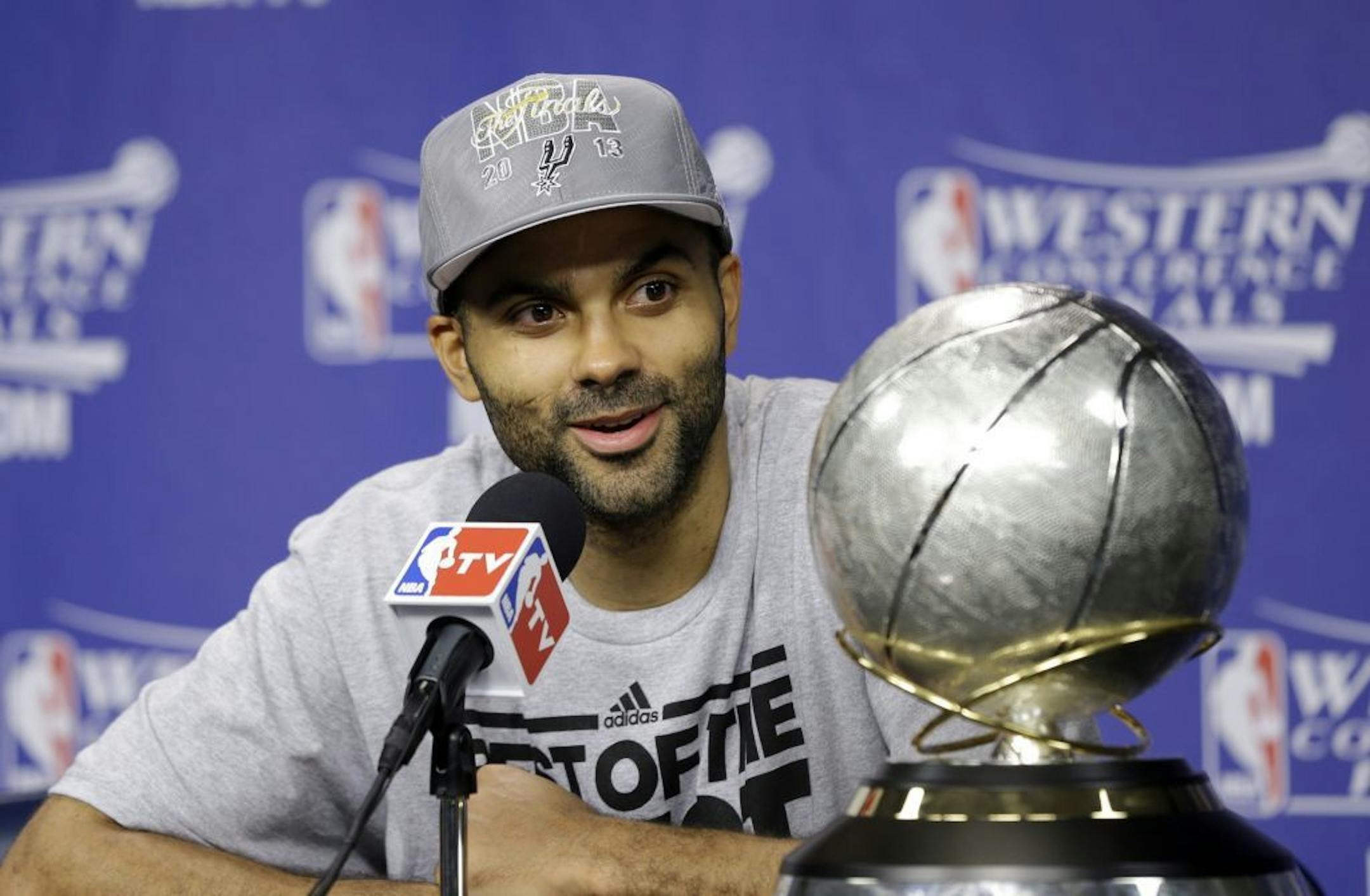 San Antonio Spurs guard Tony Parker, of France, speaks during a post-game news conference after the Spurs defeated the Memphis Grizzlies in Game 4 of the Western Conference finals NBA basketball playoff series in Memphis, Tenn., Monday, May 27, 2013. The Spurs defeated the Grizzlies 93-86 to advance to the NBA finals.