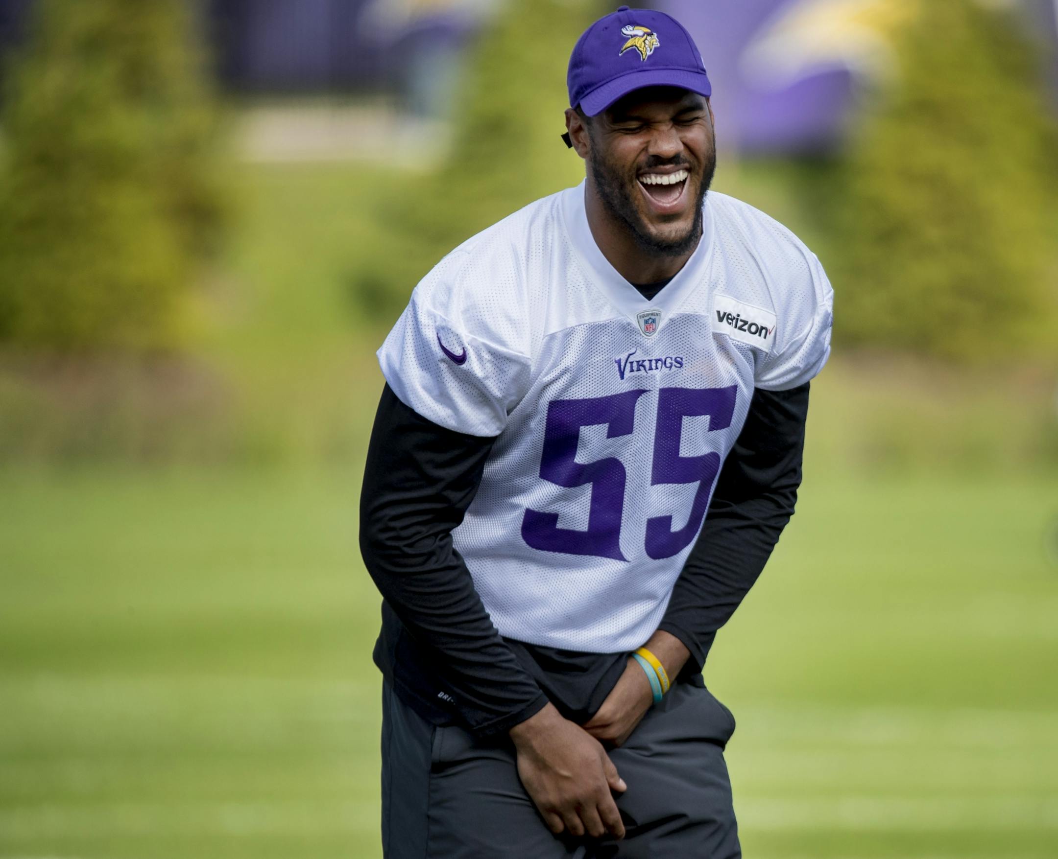 Minnesota Vikings Anthony Barr enjoyed a light hearted moment during the morning walk through practice.