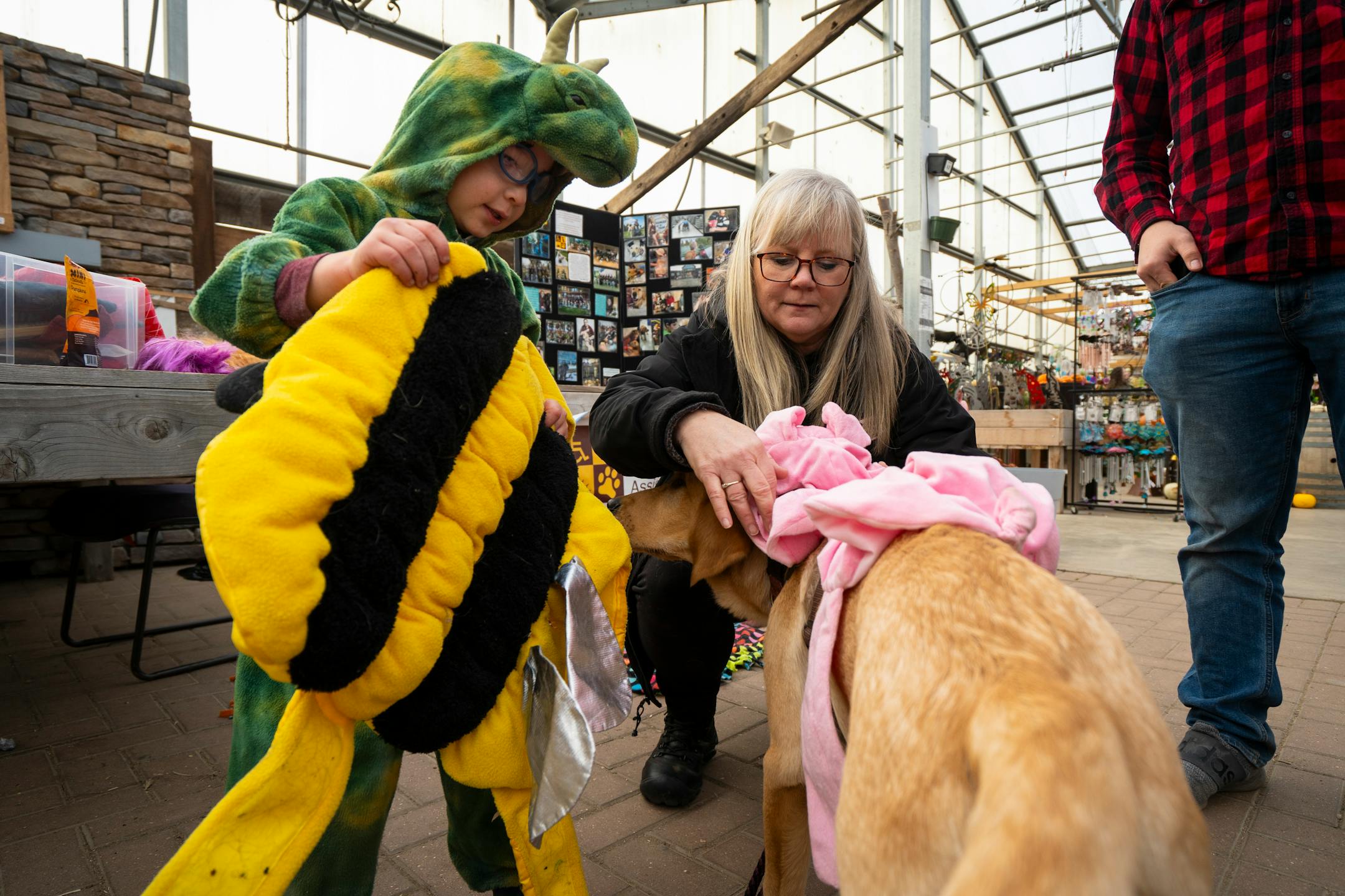 Matt Sierra, 5, helps Linda Ball with Pawsitive Perspectives Assistance Dogs (PawPADs) put costumes on the service dogs at PawPAD's booth at Cottage Grove's Fall Fun Days.