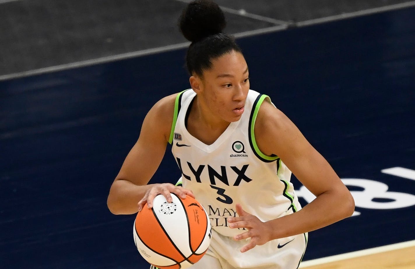 Minnesota Lynx forward Aerial Powers (3) controls the ball against the Phoenix Mercury during a WNBA basketball game, Friday, May 14, 2021, in Minneapolis. (AP Photo/Hannah Foslien)