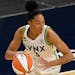 Minnesota Lynx forward Aerial Powers (3) controls the ball against the Phoenix Mercury during a WNBA basketball game, Friday, May 14, 2021, in Minneap