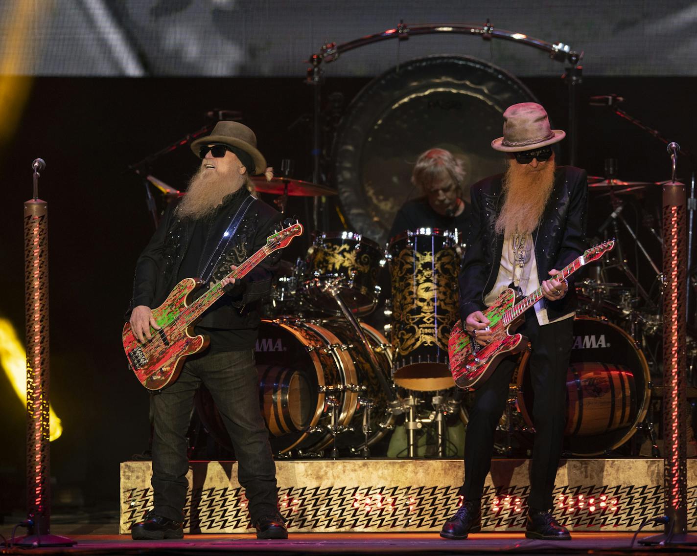 ZZ Top bassist Dusty Hill, left, and guitarist Billy Gibbons with drummer Frank Beard during the first song of their Grandstand set Monday night. ] JEFF WHEELER &#x2022; jeff.wheeler@startribune.com Grandstand shows at the Minnesota State Fair closed out with performances by Cheap Trick, who opened for ZZ Top Monday night, September 2, 2019