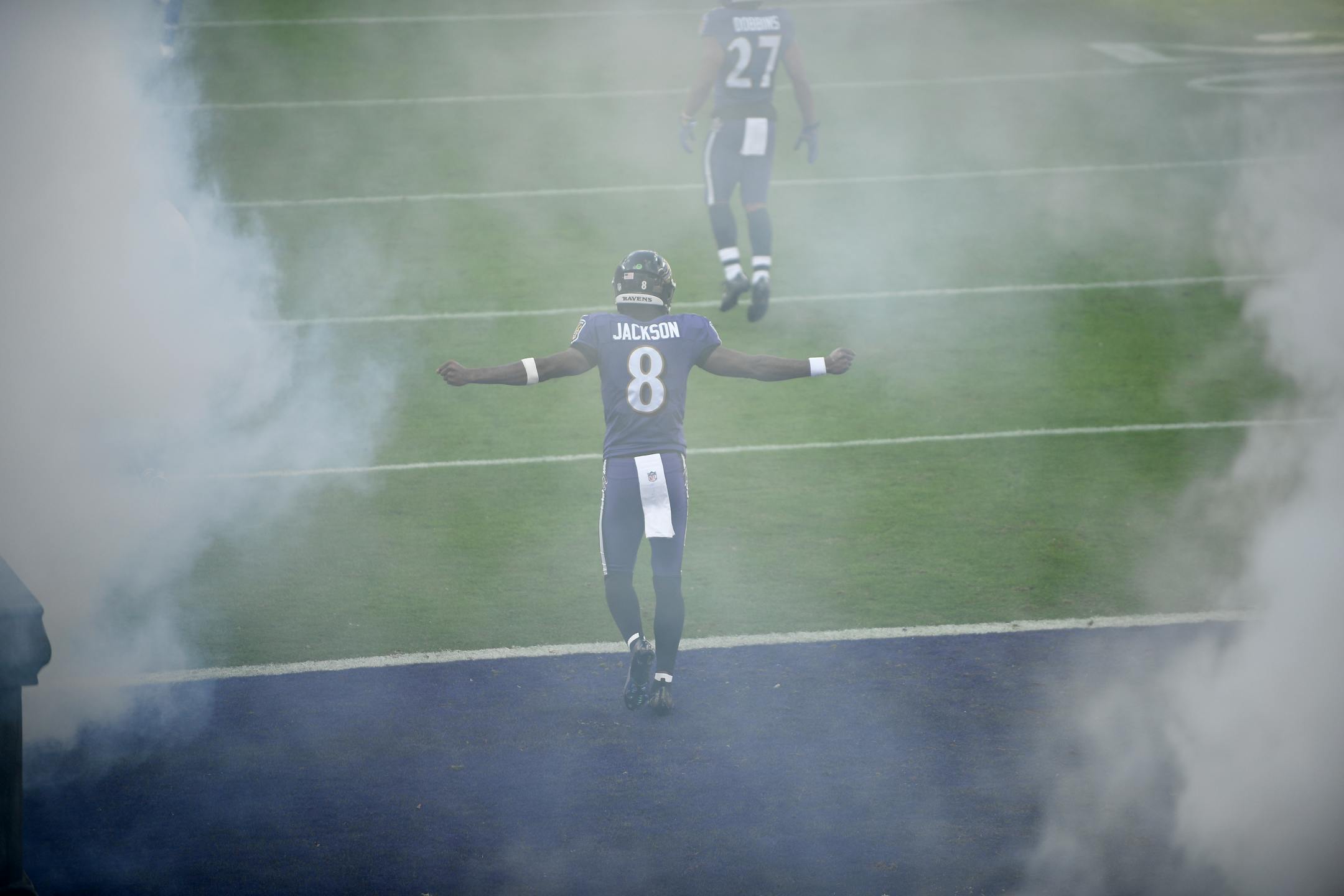 Baltimore Ravens quarterback Lamar Jackson (8) takes the field before an NFL football game against the New York Giants, Sunday, Dec. 27, 2020, in Baltimore. (AP Photo/Nick Wass)