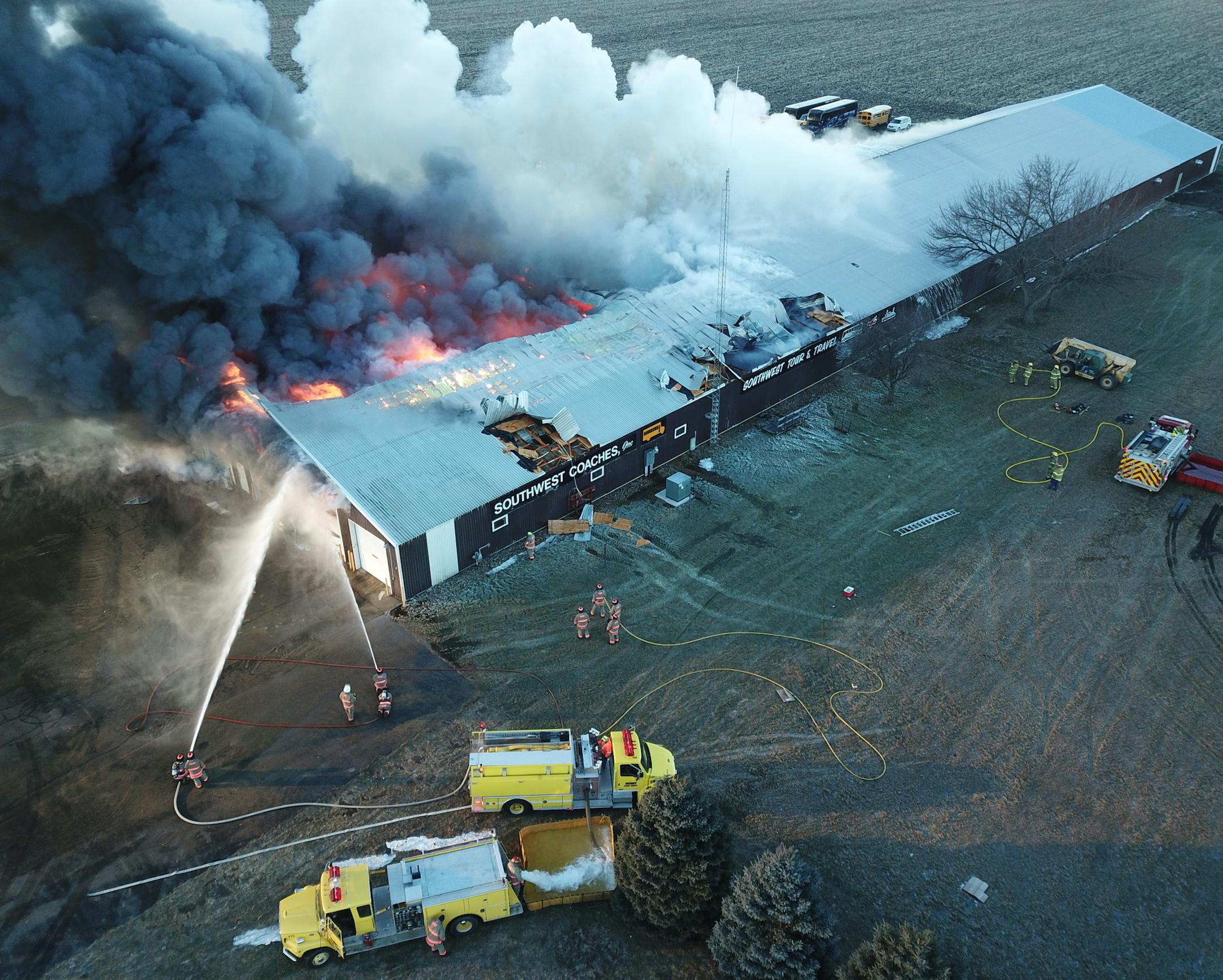 Southwest Coaches, Inc. in Marshall, Minn., lost two buses and its business office Tuesday in a blaze that drew nearly every fire department in Lyon County. The 42-year-old, family-owned company operates Marshall's school buses and offers motorcoach charter tours and other travel services. One firefighter suffered minor injuries but otherwise no one was injured.