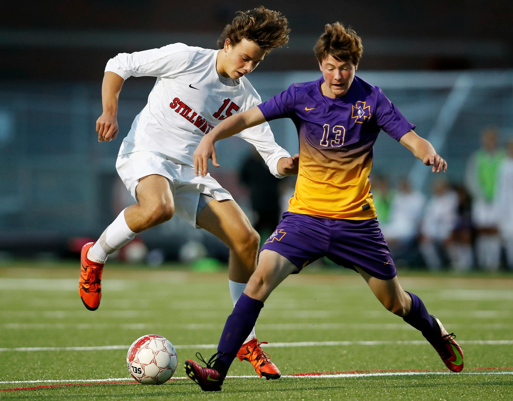 Spencer Scott (left) and undefeated Stillwater received the No. 1 seed and will play Suburban East rival Mounds View (9-10-1) in the late game of the Class 2A boys' soccer tournament Wednesday. ] CARLOS GONZALEZ cgonzalez@startribune.com - September 13, 2016, Oak Park Heights, MN, Stillwater High School / Prep boys soccer team that started the season 6-0. � Stillwater vs. Cretin-Derham Hall