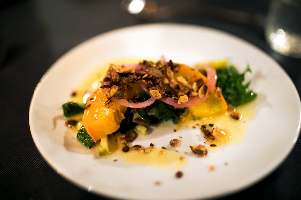 A salad featuring squash grown from seeds used by Native Americans and wild apples by Lost Creek Farm in northern West Virginia. Chef Mike Costello and his wife, Amy Dawson, host dinners using food to illuminate Appalachian identity and history.