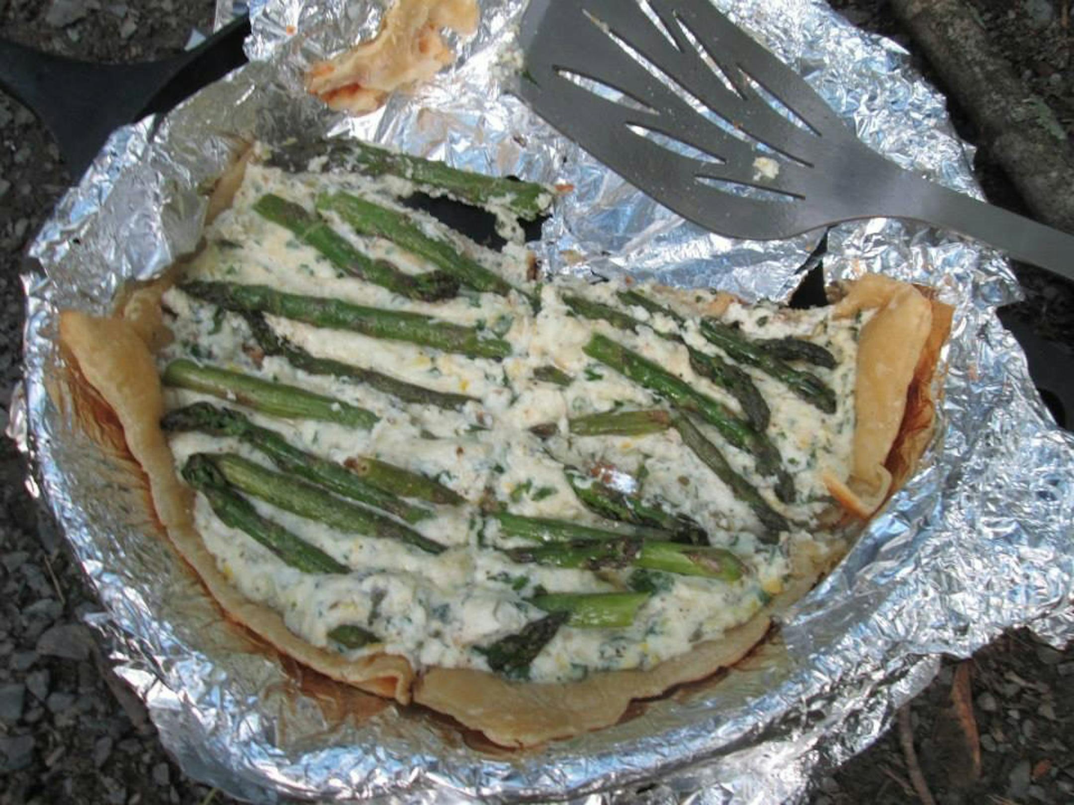 Lemon ricotta and asparagus torte made with phyllo dough.
