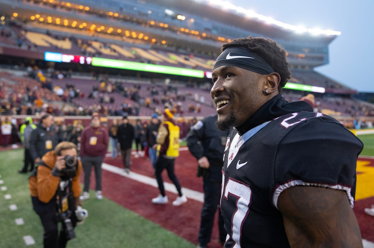 Minnesota defensive back Tyler Nubin (27) smiles as he walks off the field after defeating Michigan State Saturday, Oct. 28, 2023, at Huntington Bank Stadium in Minneapolis, Minn. ]