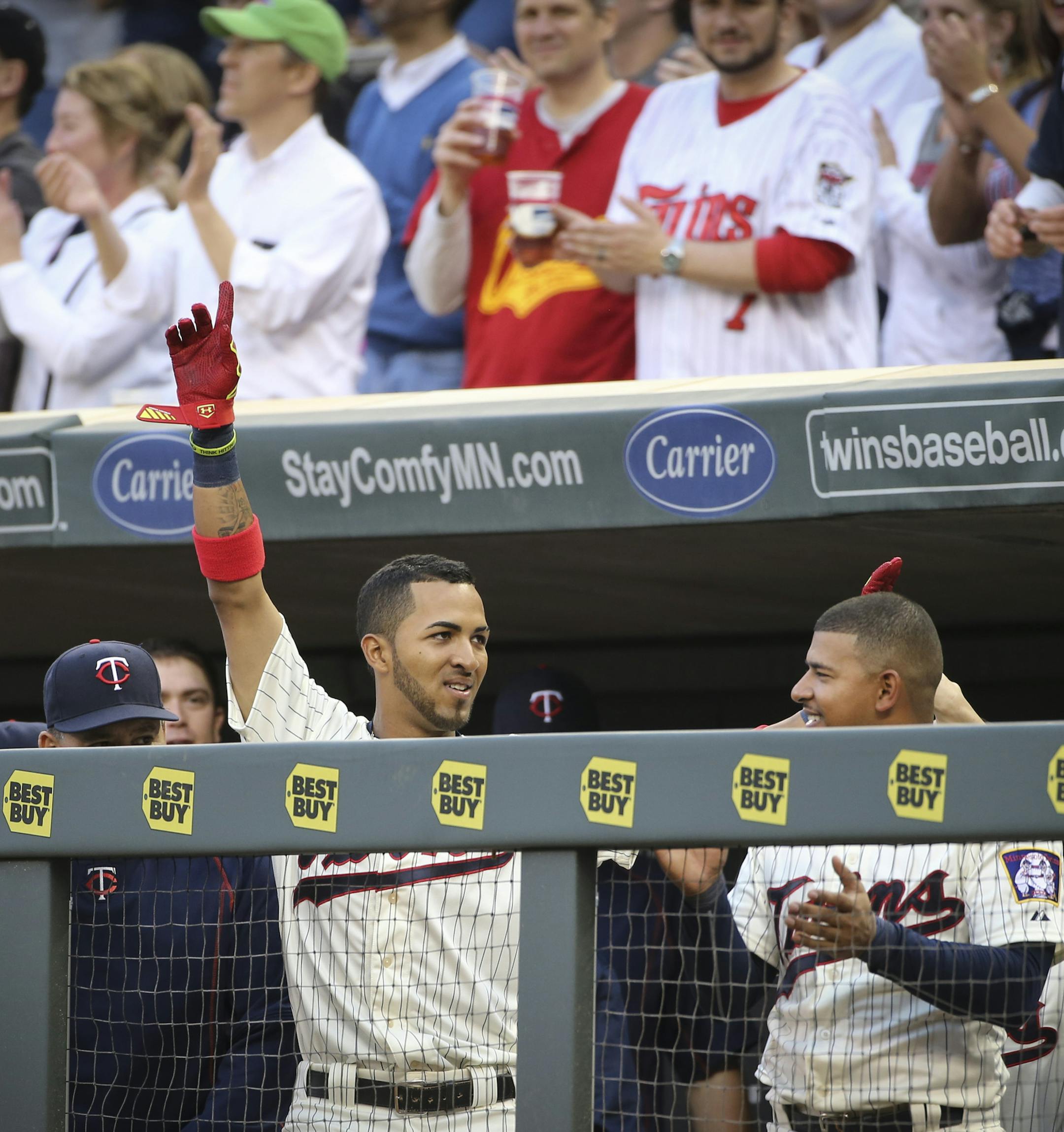Eddie Rosario waved to the fans after hitting a homer on his first at bat in the Major League. ] RENEE JONES SCHNEIDER • reneejones@startribune.com The Minnesota Twins played the Oakland Athletics at Target Field on Wednesday, May 6, 2015, in Minneapolis, Minn.