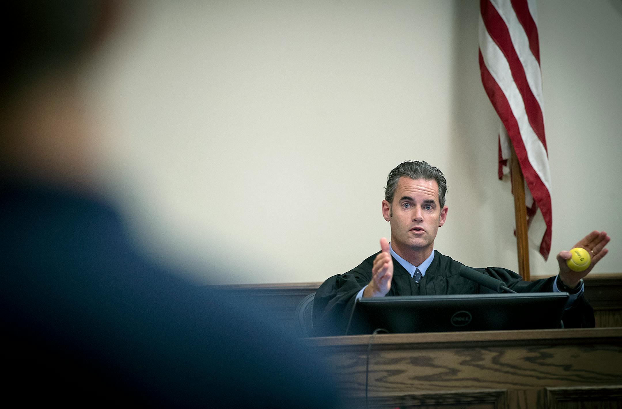 Duluth Judge Shaun Floerke spoke to those serving in his DWI court, Friday, August 11, 2017 in Duluth, MN. Floerke prefers taking a more casual approach by taking off his robe and getting off the bench. Duluth's DWI court has gained national recognition for its success, aiming to form an alliance with defendants trying to get sober.