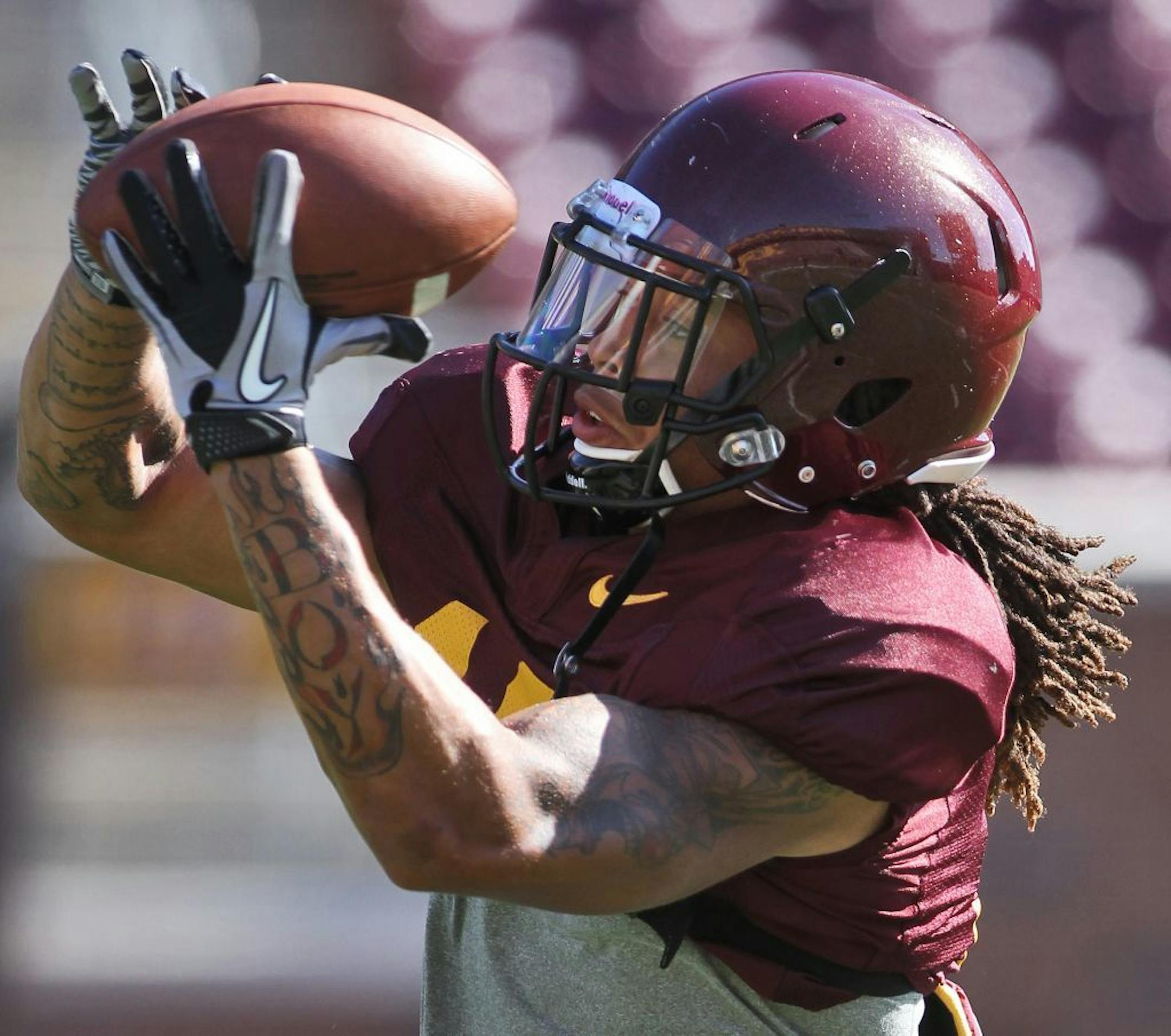 Gophers Football practice - a look at defensive backs. Derrick Wells worked on the skill of intercepting a pass as a defensive back. (MARLIN LEVISON/STARTRIBUNE(mlevison@startribune.com