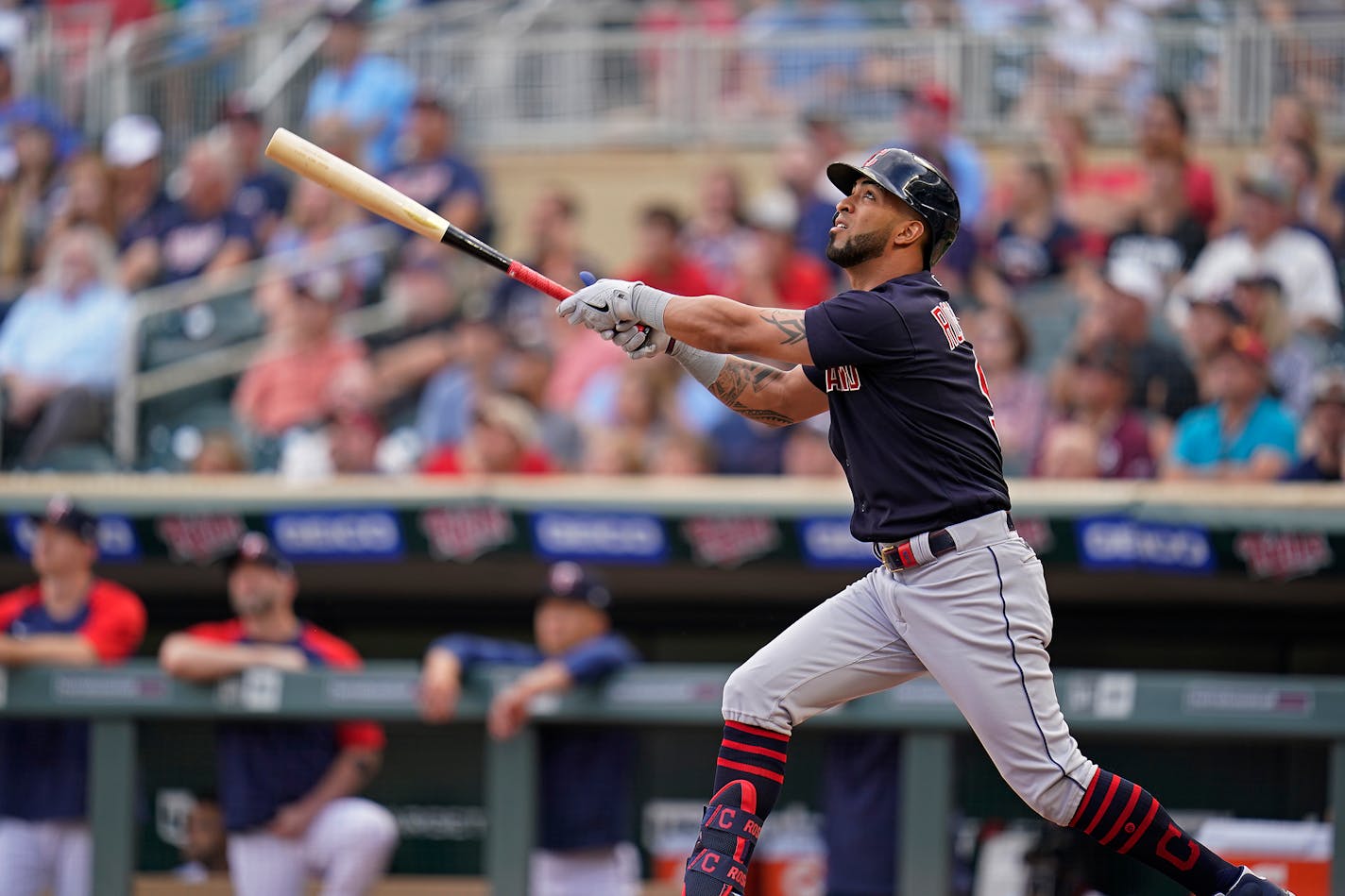 Cleveland Indians left fielder Eddie Rosario (9), a former Twins player, batted in the first inning against the Minnesota Twins. ] LEILA NAVIDI • leila.navidi@startribune.com