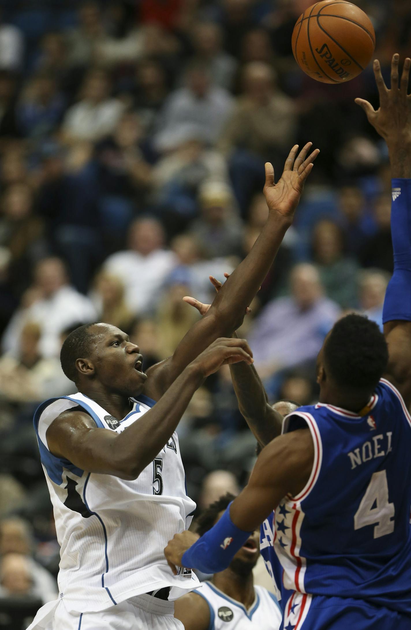 Timberwolves center Gorgui Dieng (5) put up a third quater shot Monday night. He had 12 point in the game. ] JEFF WHEELER &#xef; jeff.wheeler@startribune.com The Minnesota Timberwolves got their first home win of the season, 100-95 over the still winless Philadelphia 76ers Monday night, November 23, 2015 at Target Center in Minneapolis.