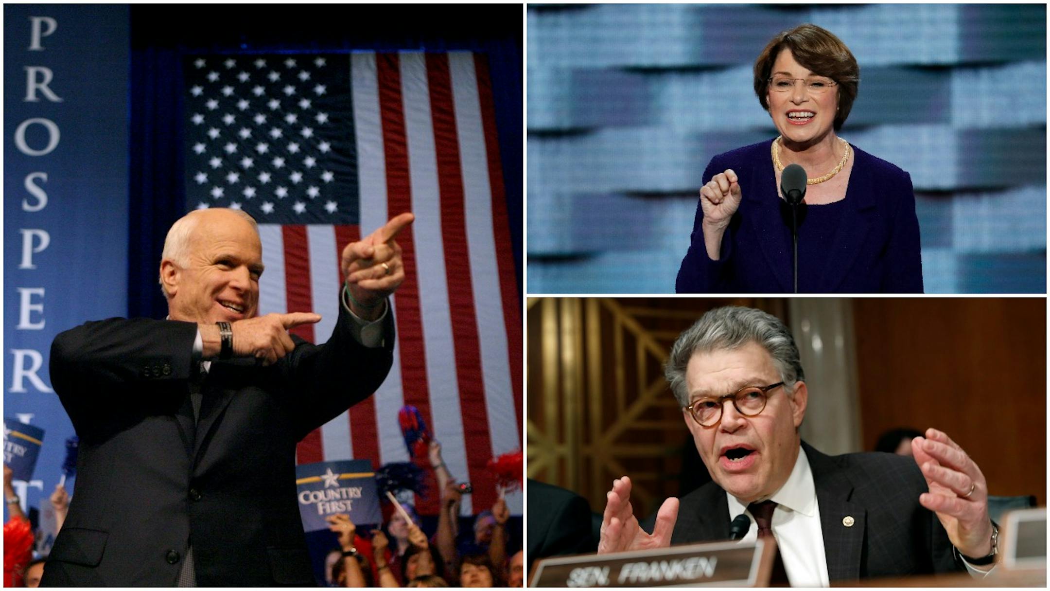 Former colleagues in the U.S. Senate Amy Klobuchar (top right) and Al Franken (bottom left) spoke fondly of the late John McCain (left) and his service to the United States.