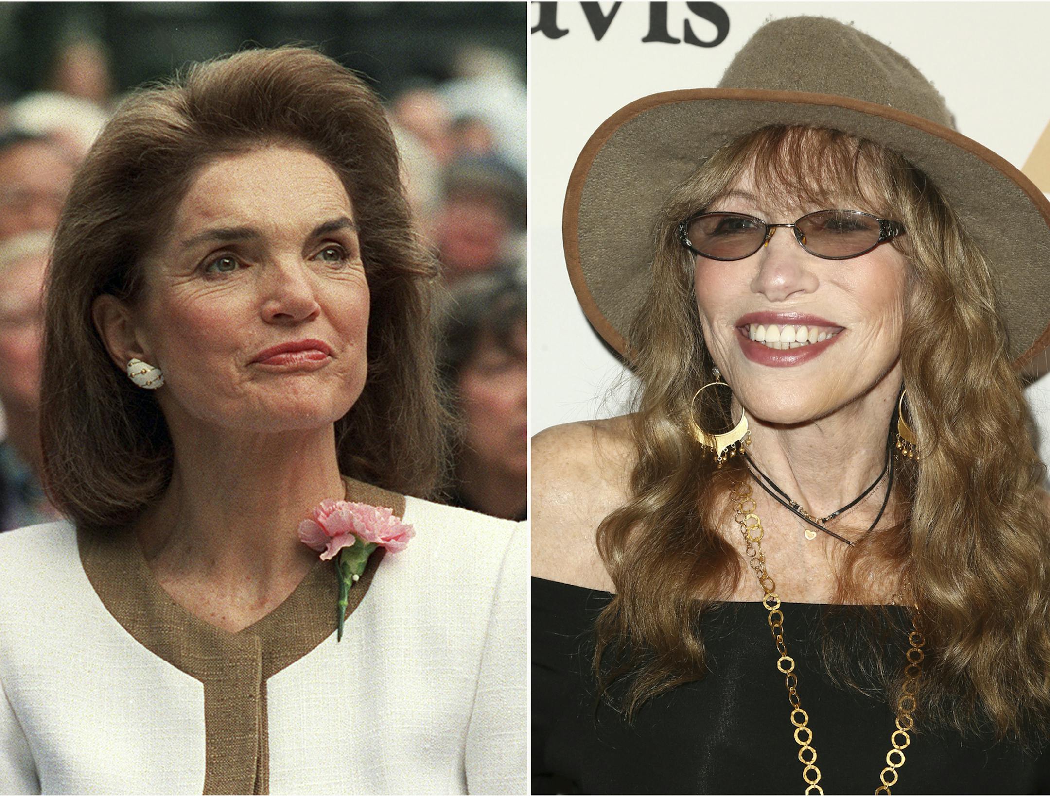 This combination of photos shows Jacqueline Kennedy Onassis in New York in 1992, left and Carly Simon at the 2016 Clive Davis Pre-Grammy Gala in Beverly Hills, Calif., on Feb. 14, 2016. Simon is writing a memoir about Kennedy Onassis. Farrar, Straus and Giroux announced Monday, April 15, 2019, that Simon’s “Touched by the Sun” is scheduled for Oct. 22. According to the publisher, the two met at a summer party on Martha’s Vineyard and began an “improbable, but l