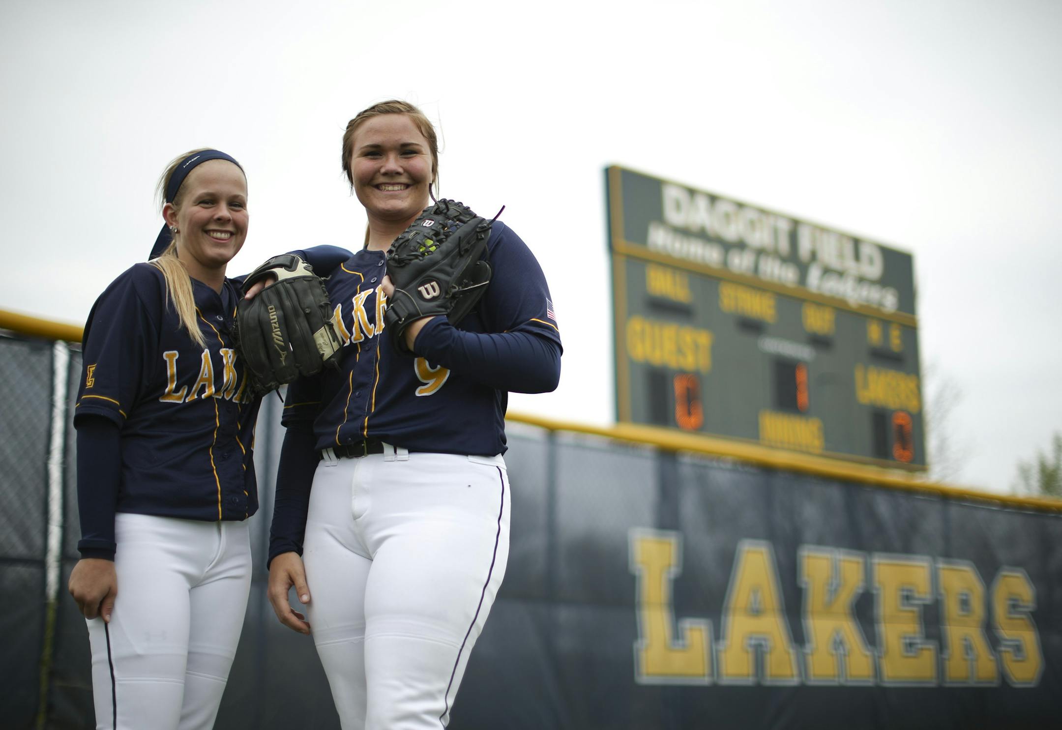 Prior Lake pitchers Caitlin Stone, left, and Angela McBeain before the Lakers faced Eastview Monday afternoon. ] JEFF WHEELER ï jeff.wheeler@startribune.com Prior Lake faced Eastview in softball Tuesday afternoon, April 26, 2016 at Daggit Field in Savage