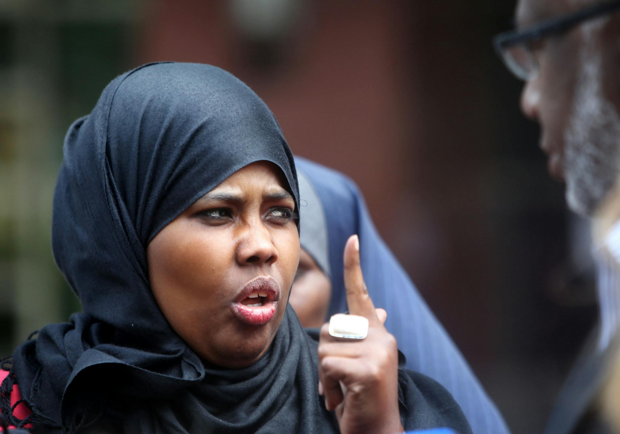 Ayan Farah, the mother of Mohamed Farah, spoke to media members, saying she wants fairness and justice for her son Wednesday, July 8, 2015, outside the Federal Courthouse in Minneapolis, MN.](DAVID JOLES/STARTRIBUNE)djoles@startribune.com Three men accused of conspiring to leave the country to support or join ISIL are scheduled to make bids for their pretrial release.**Ayan Farah,cq