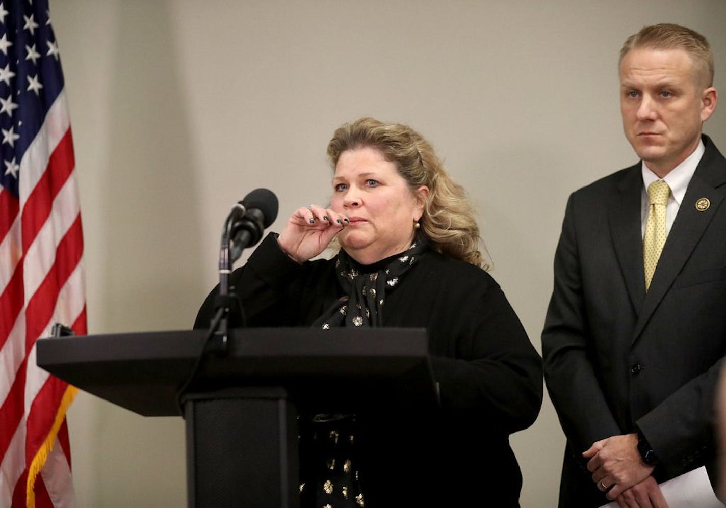 Waseca Police Chief Penny Vought addressed media members during a press conference at the Waseca Police Department Tuesday, Jan. 7, 2019, in Waseca, MN. Behind Vought is Drew Evans, Bureau of Criminal Apprehension (BCA) Superintendent. A Waseca police officer and a suspect were shot Monday night after reports of a disturbance in a residential neighborhood, according to the Minnesota Bureau of Criminal Apprehension (BCA).