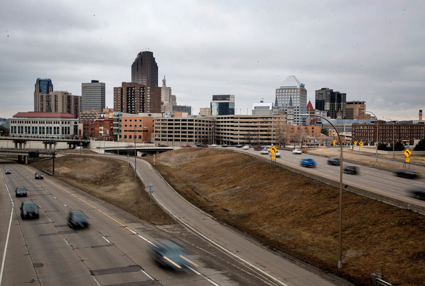 Cars on I-94 outside of downtown St. Paul at early rush hour on Monday.