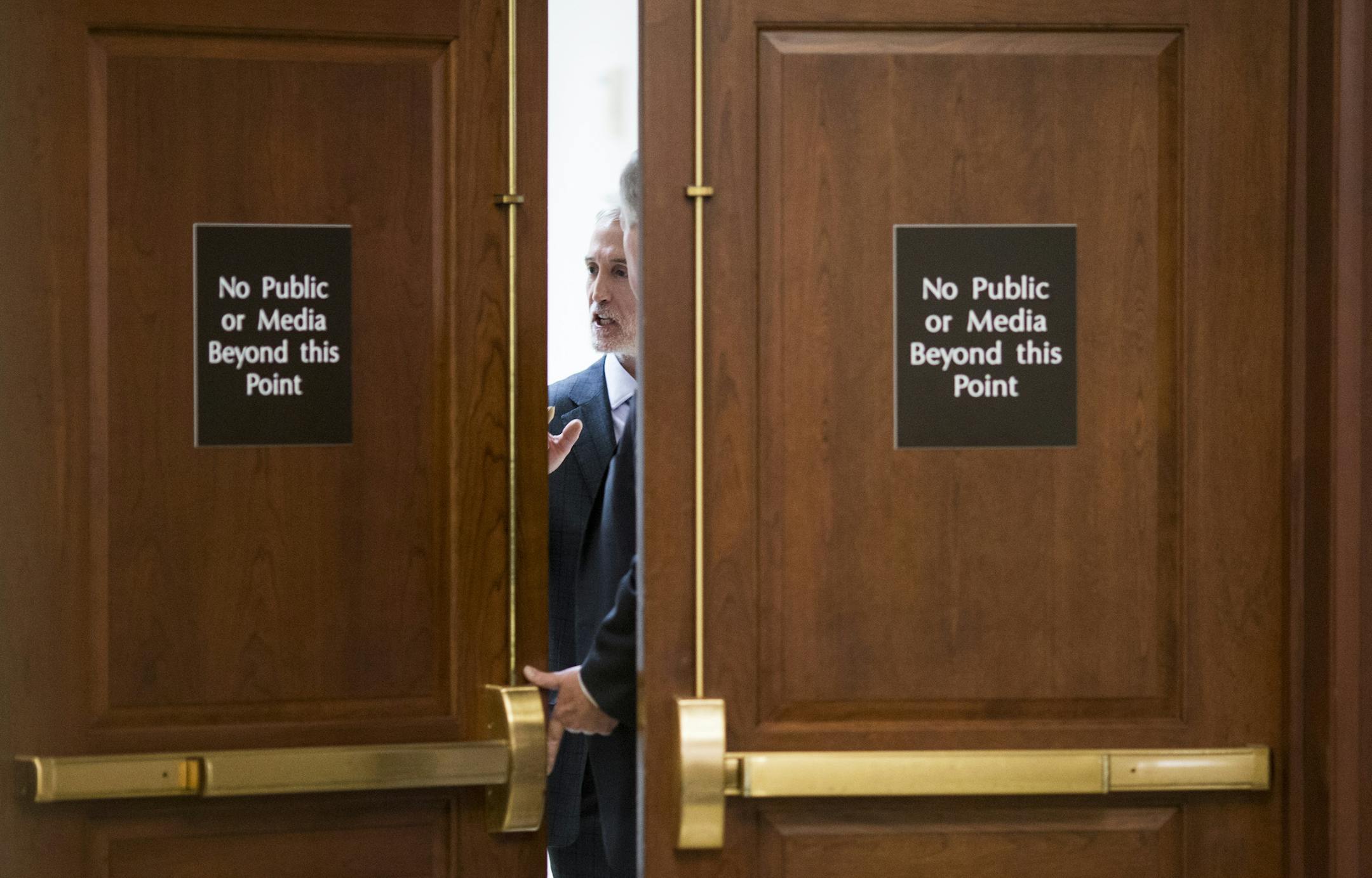 Rep. Trey Gowdy (R-S.C.) speaks to Rep. Jim Jordan (R-Ohio) and Rep. Mark Meadows (R-N.C.) following a review of a report about the FBI's handling of the investigation of Hillary Clinton during the 2016 presidential election, on Capitol Hill in Washington, June 14, 2018. Former FBI director James Comey was insubordinate in his handling of the investigation, the critical Justice Department report concluded Thursday, according to officials and others who saw or were briefed on it. (Zach Gibson/The