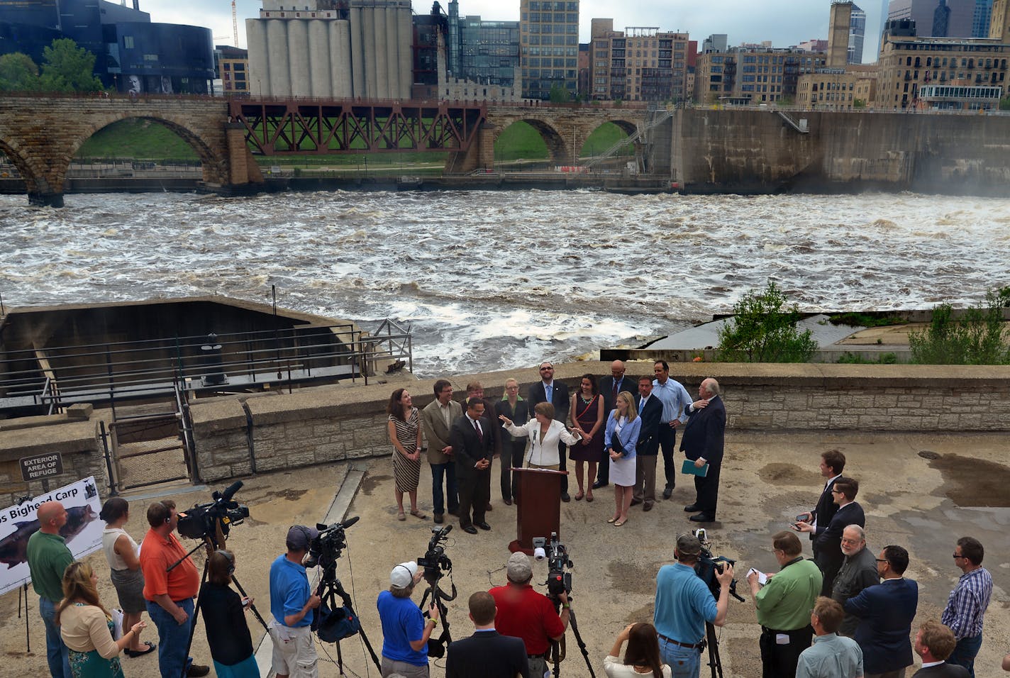 During a press conference at the St Anthony Falls Laboratory, U.S. Sen. Amy Klobuchar and U.S. Rep. Keith Ellison highlighted Congressional action to close the Upper St. Anthony Falls Lock to help fight the spread of invasive carp.