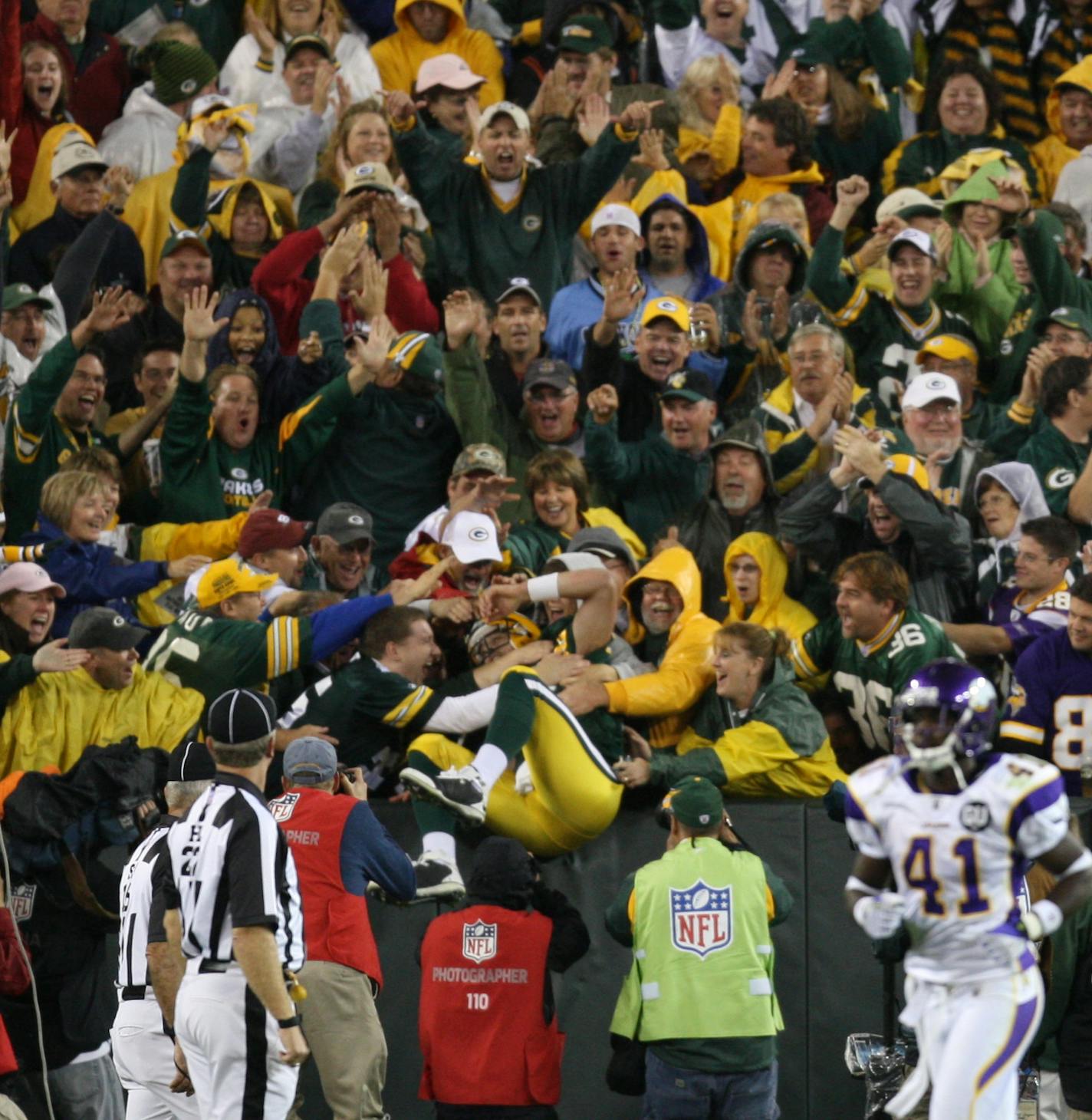 Packers quarterback Aaron Rodgers made his first Lambeau Leap after he scored from the one yard line in the fourth quarter.