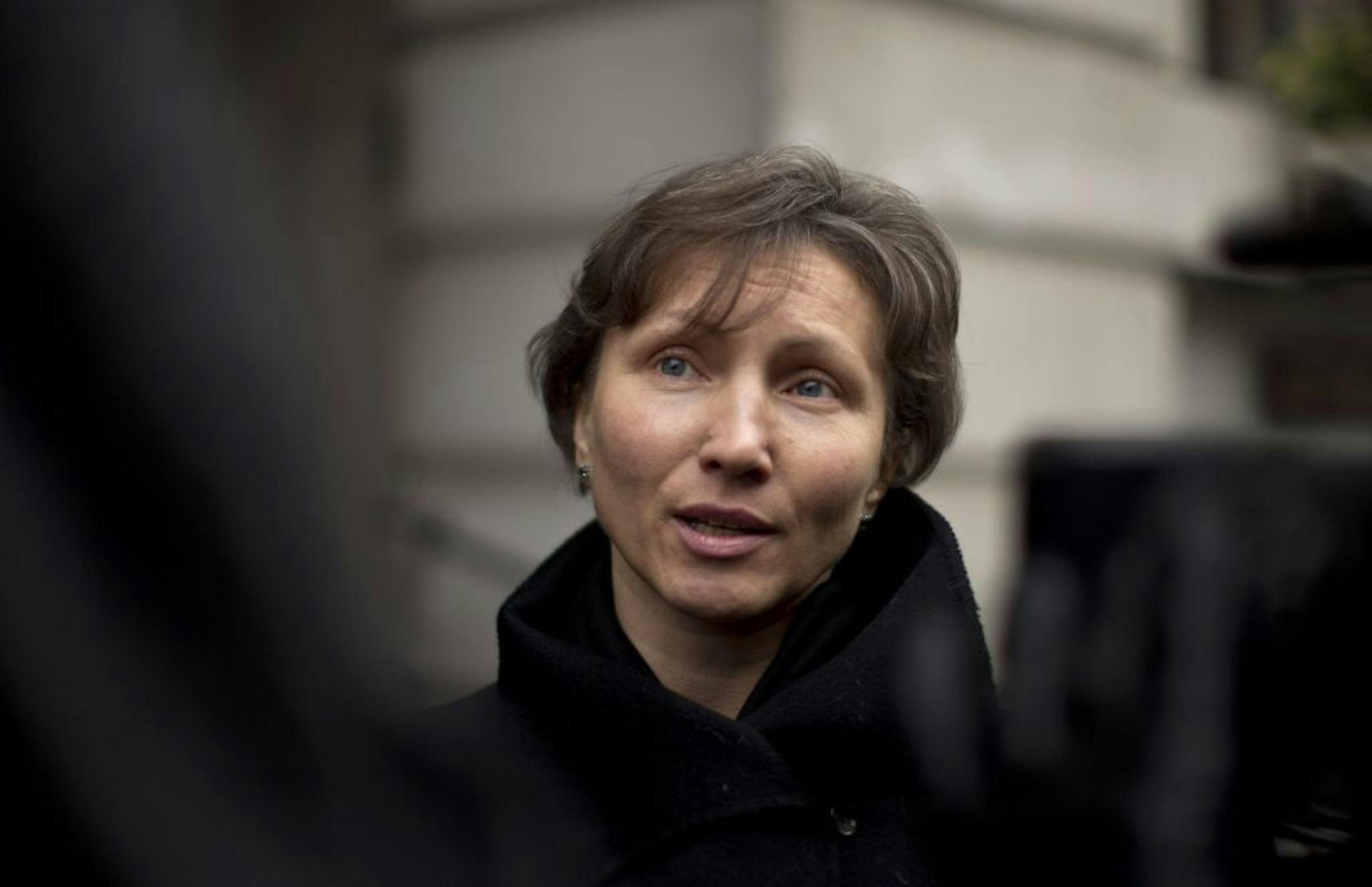 Marina Litvinenko, the widow of former Russian intelligence officer Alexander Litvinenko, speaks to the media as she leaves at the end of a pre-inquest review at Camden Town Hall in London, Thursday, Dec. 13, 2012. A lawyer has told a British inquest into the poisoning death of former Russian agent Alexander Litvinenko that an initial assessment of evidence showed that the Russian state was responsible for his murder.