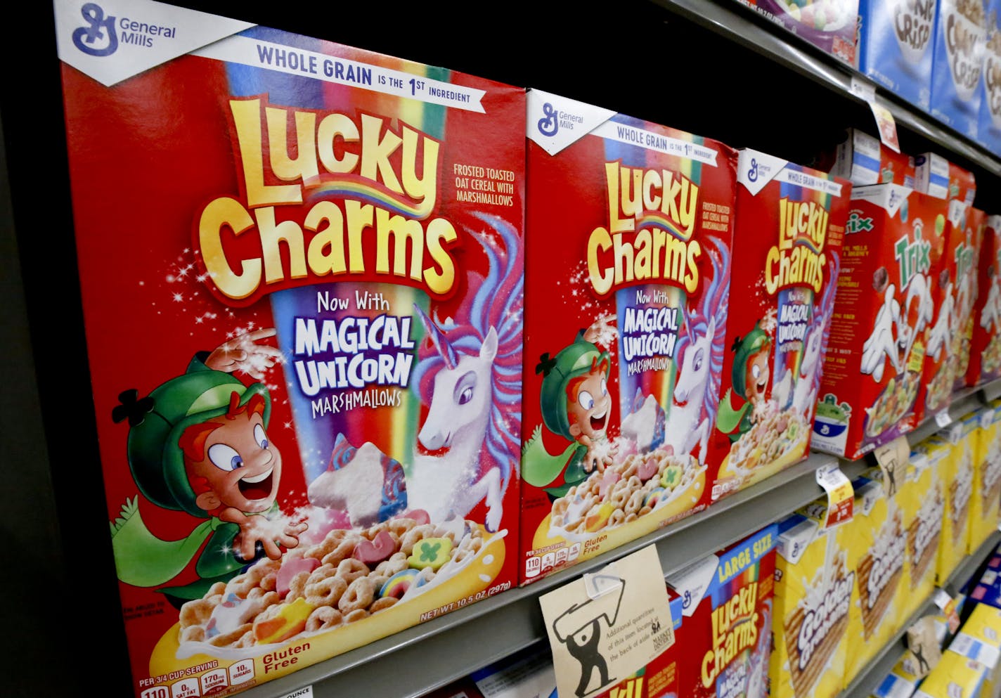 Boxes of General Mills Lucky Charms cereal sit on display in a market in Pittsburgh, Wednesday, Aug. 8, 2018. (AP Photo/Gene J. Puskar) ORG XMIT: PAGP